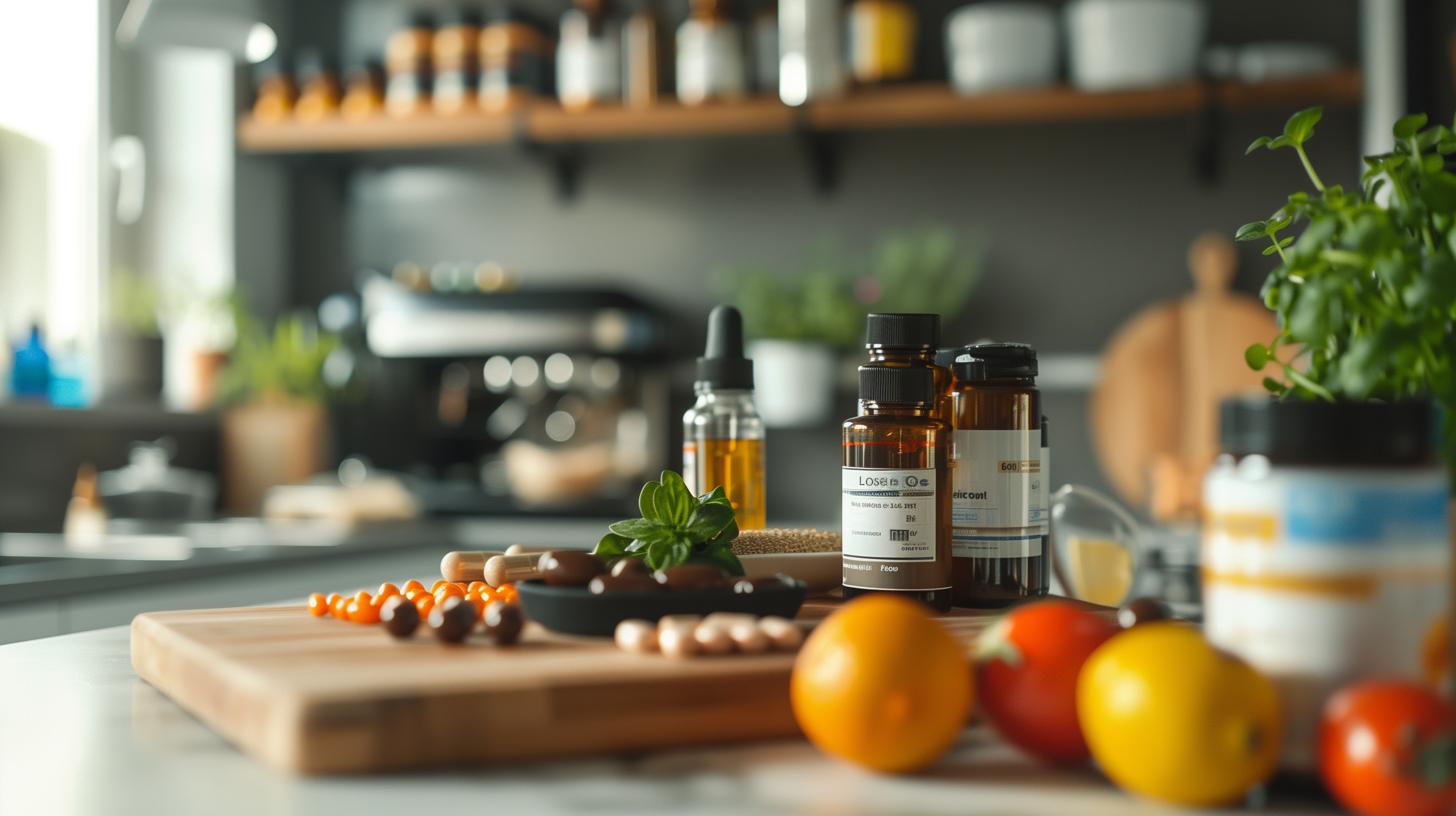 kitchen counter with bottles of supplements