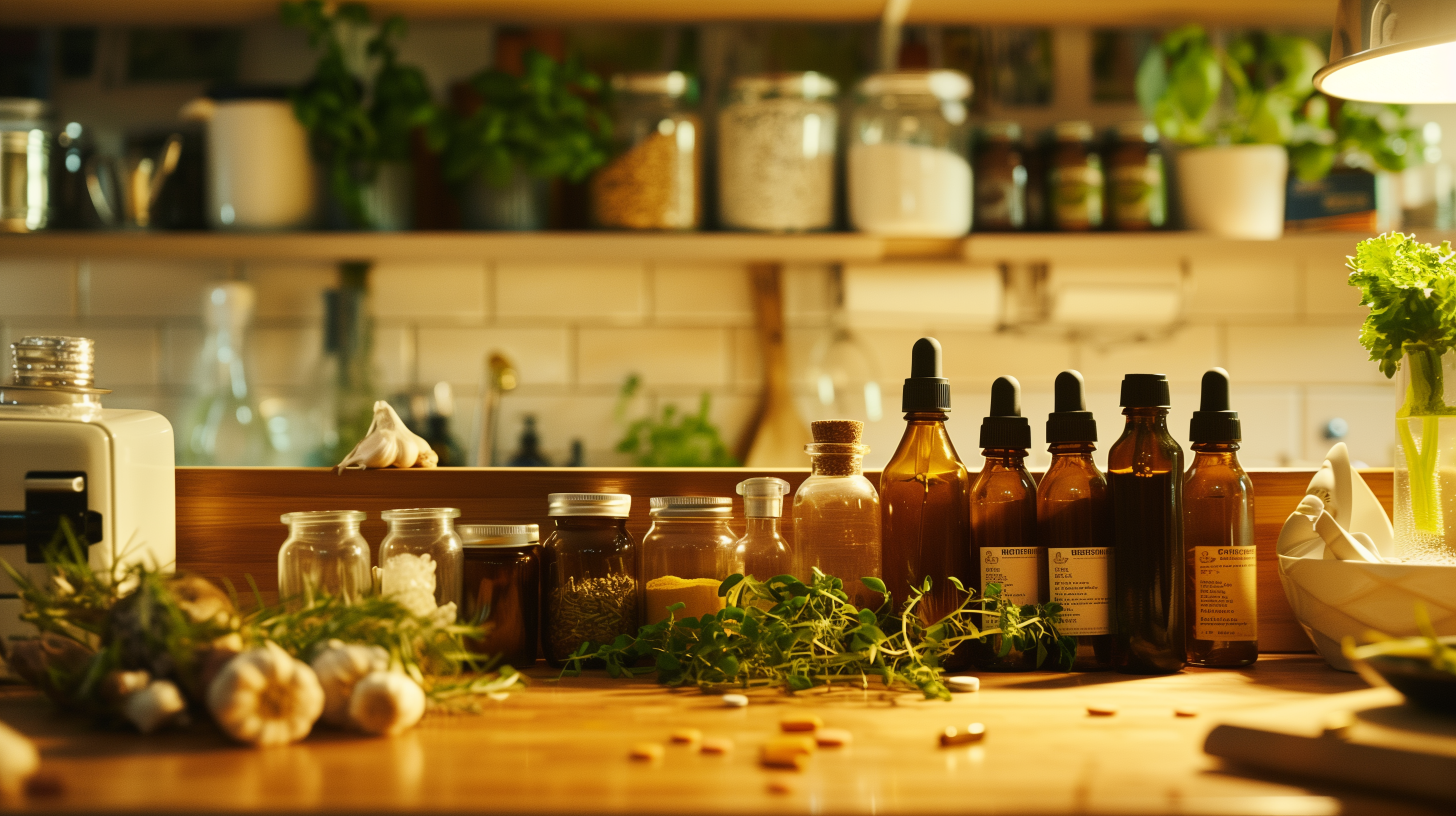 kitchen counter with medication bottles, herbs like ginseng, st. john's wort, garlic