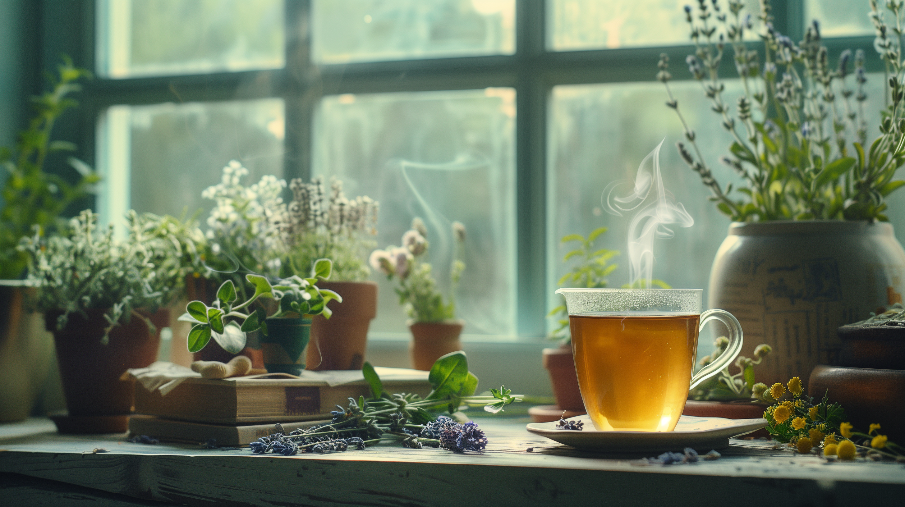 potted calming herbs like lavender and chamomile on a windowsill and cup of tea