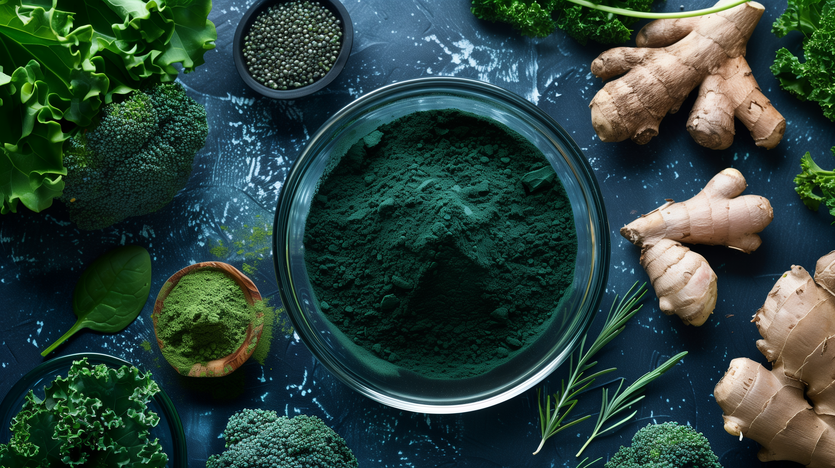 greens powder and ingredients like kale, spinach, spirulina, and ginger roots