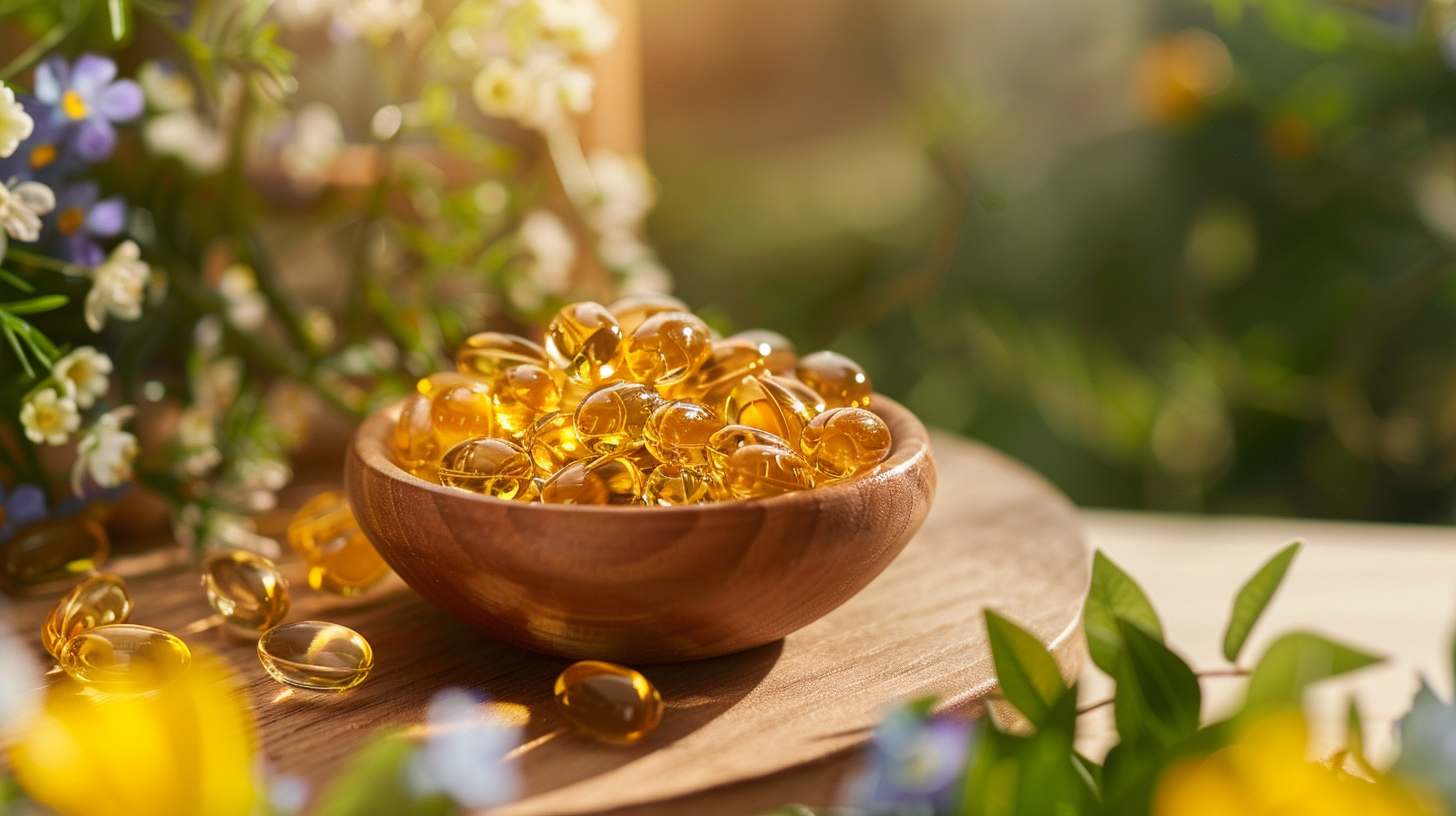a wooden bowl of omega-3 softgels surrounded by flowers