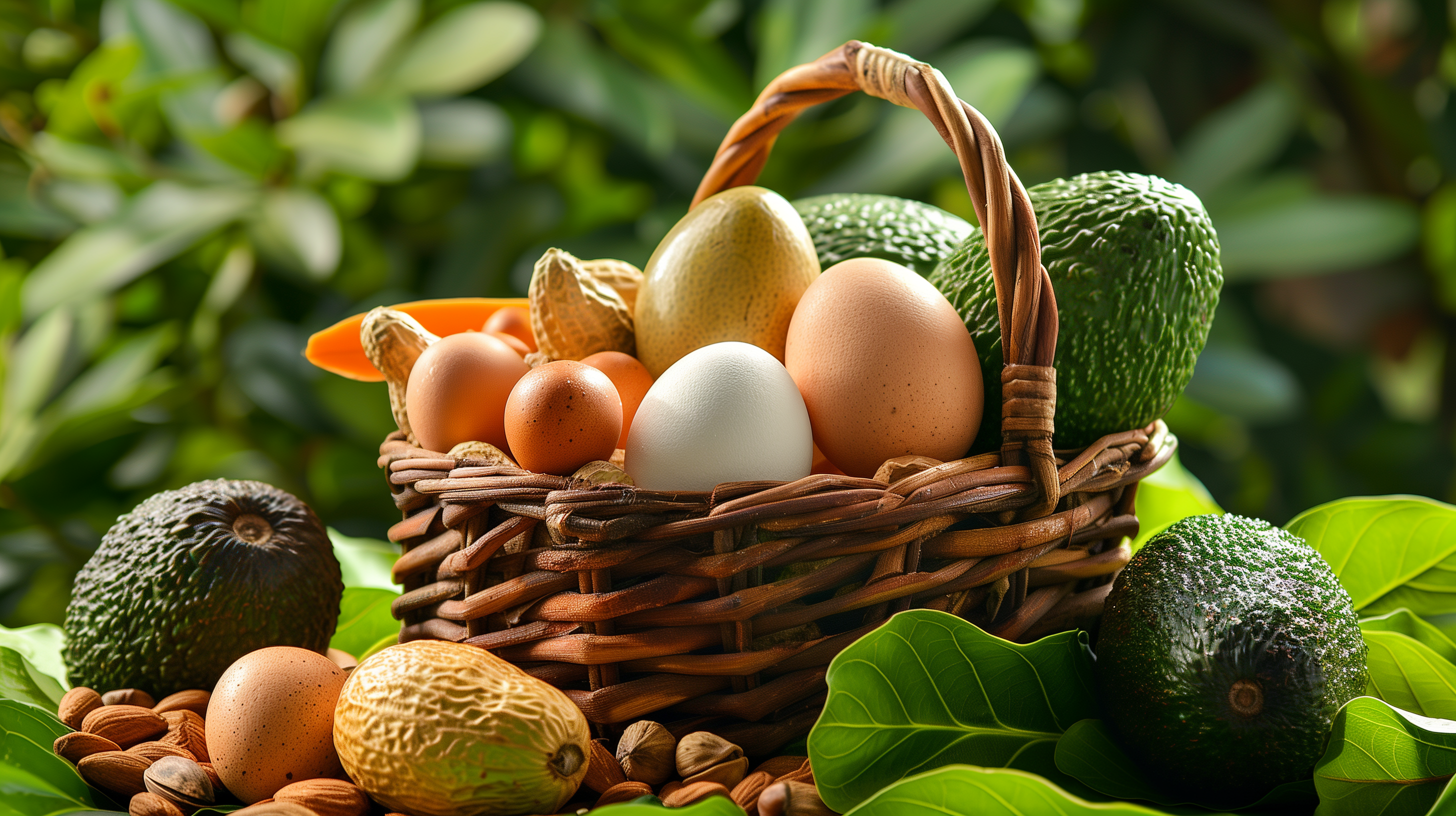 overflowing basket of natural foods rich in biotin and other hair growth vitamins, like eggs, nuts, avocados, and sweet potatoes