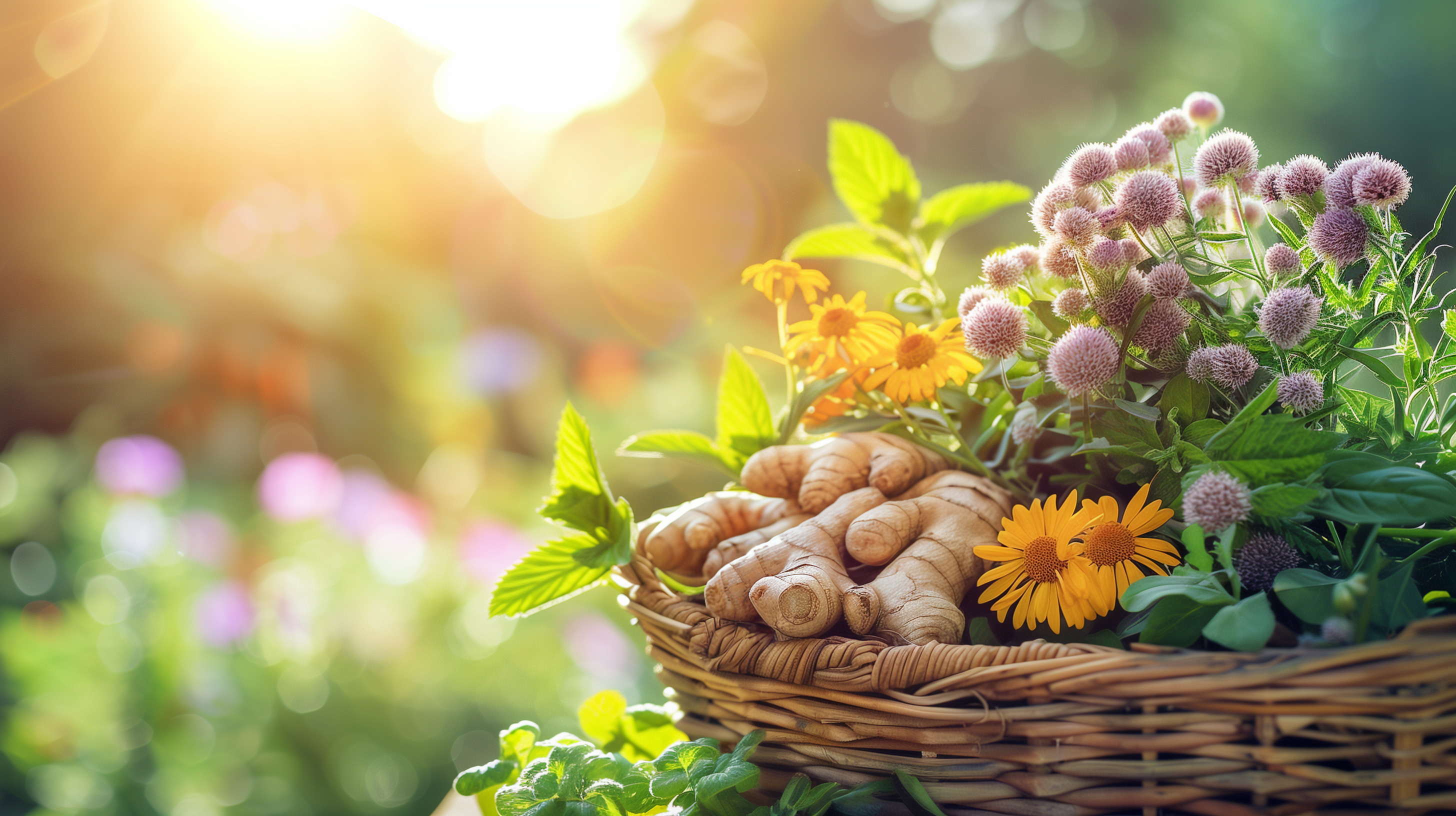 basket of various herbs (echinacea, ginger, garlic, and turmeric)