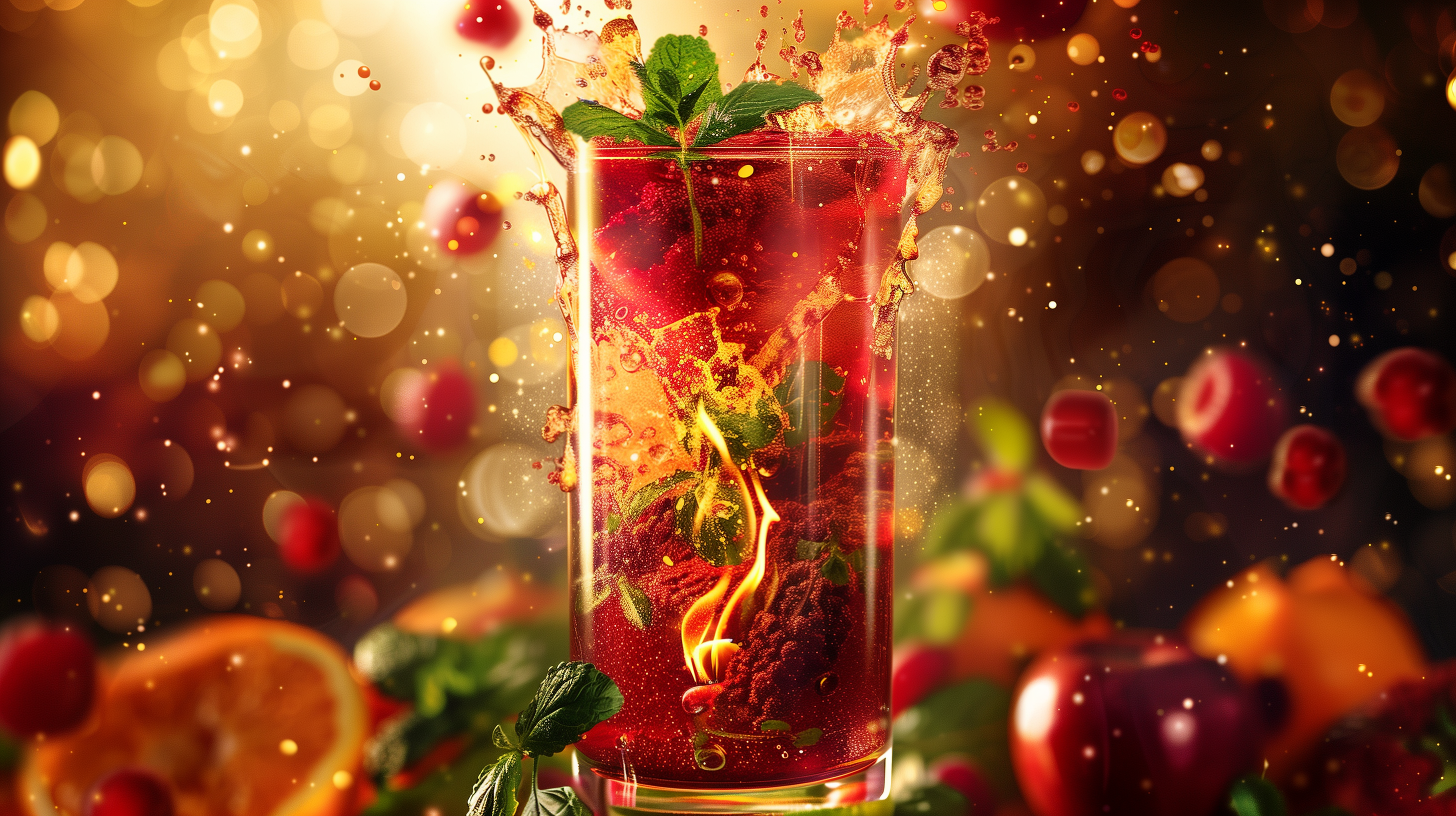 verflowing glass of blended reds and greens, encircled by fresh fruits and vegetables