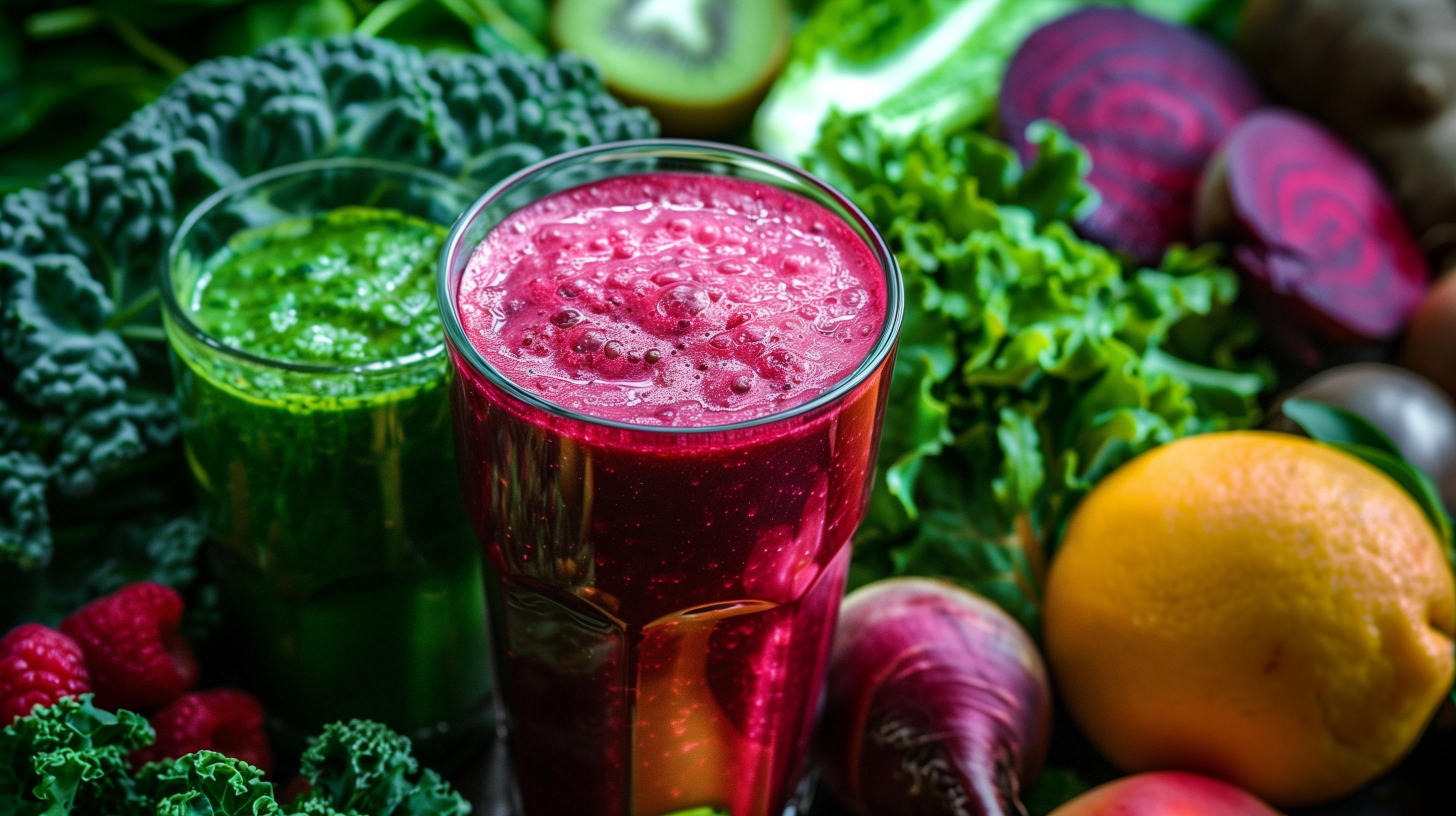 glass of red and green smoothie surrounded by fresh fruits, vegetables