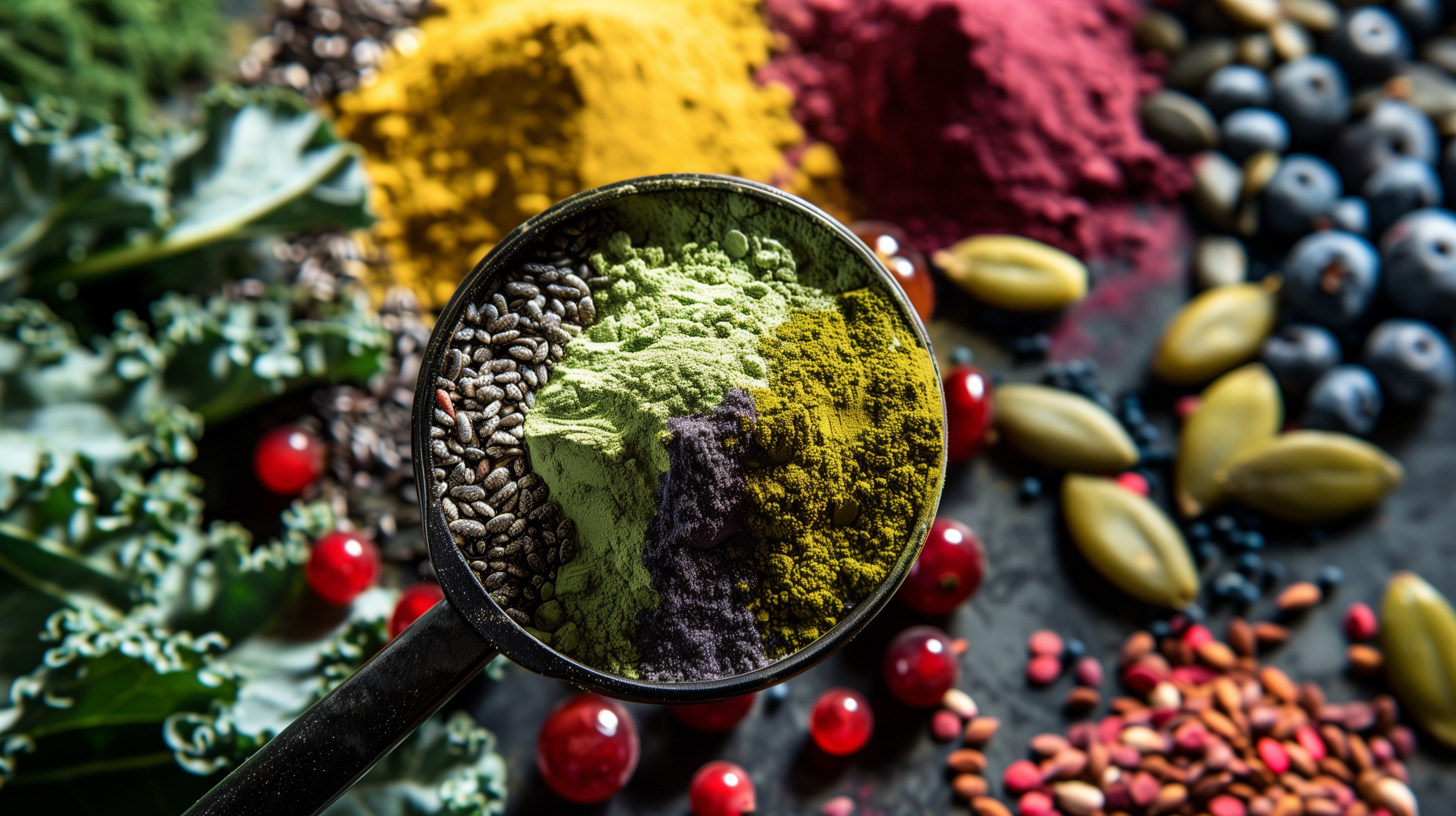 colorful superfood powder against a backdrop of wholesome ingredients like berries, seeds, and greens, with a magnifying glass