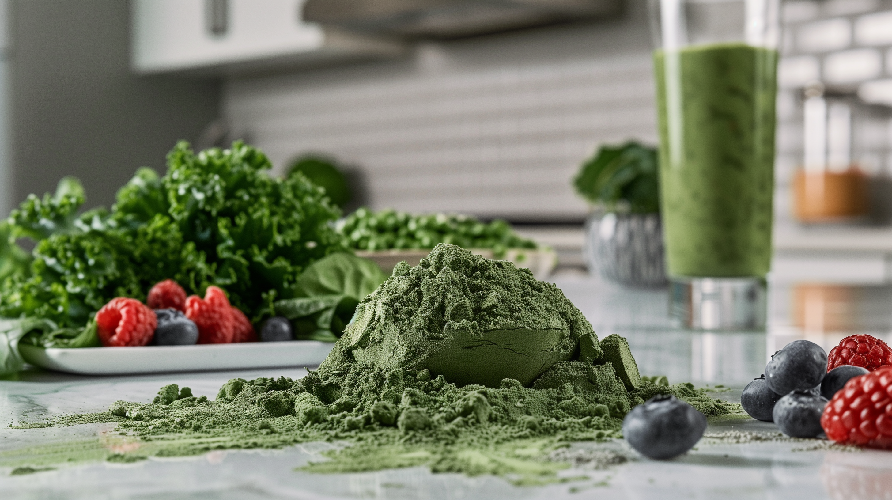 scoop of mixed greens powder with visible bits of kale, spinach, and berries, in a kitchen