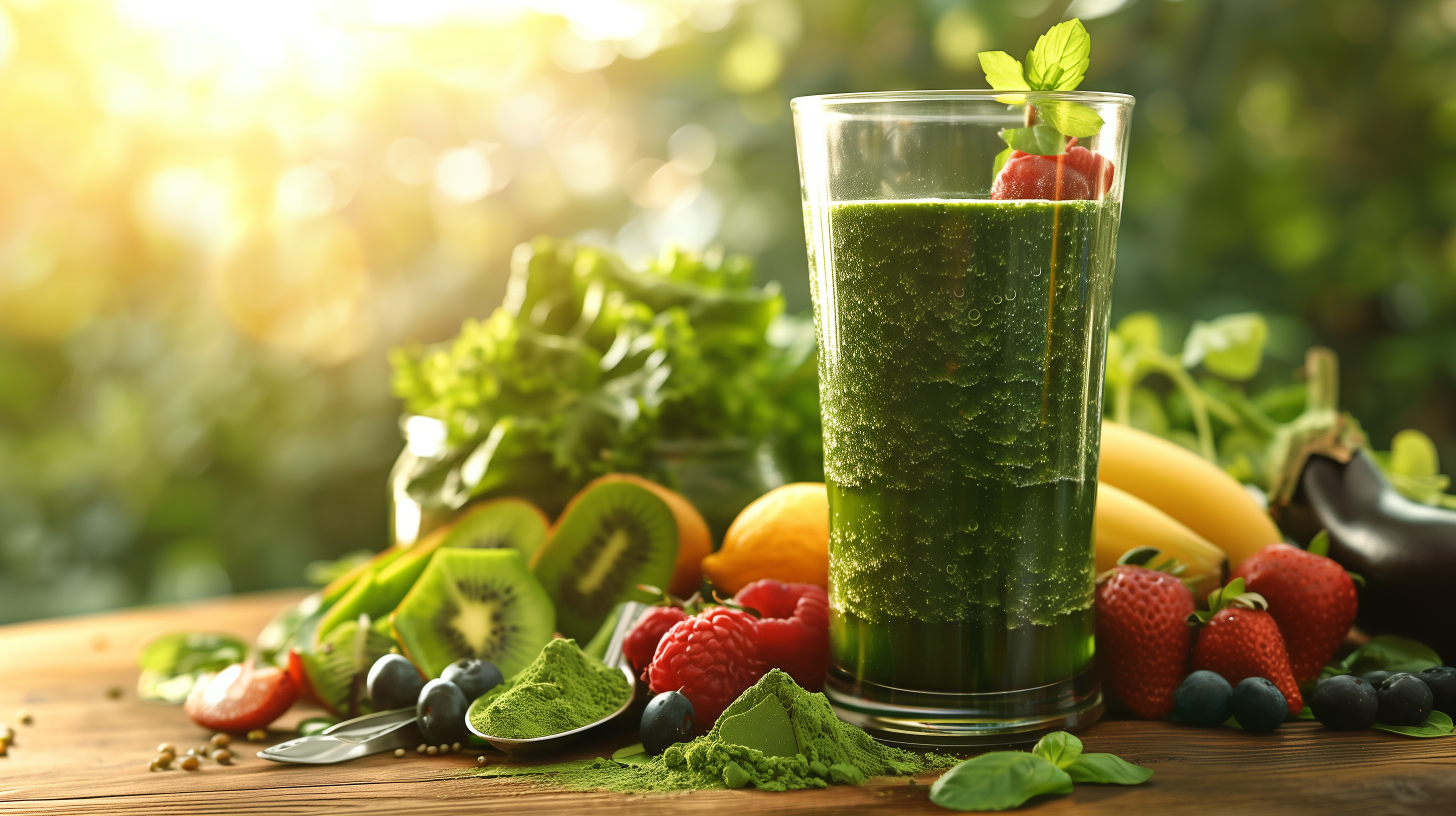 green smoothie in a clear glass, surrounded by whole fruits, vegetables