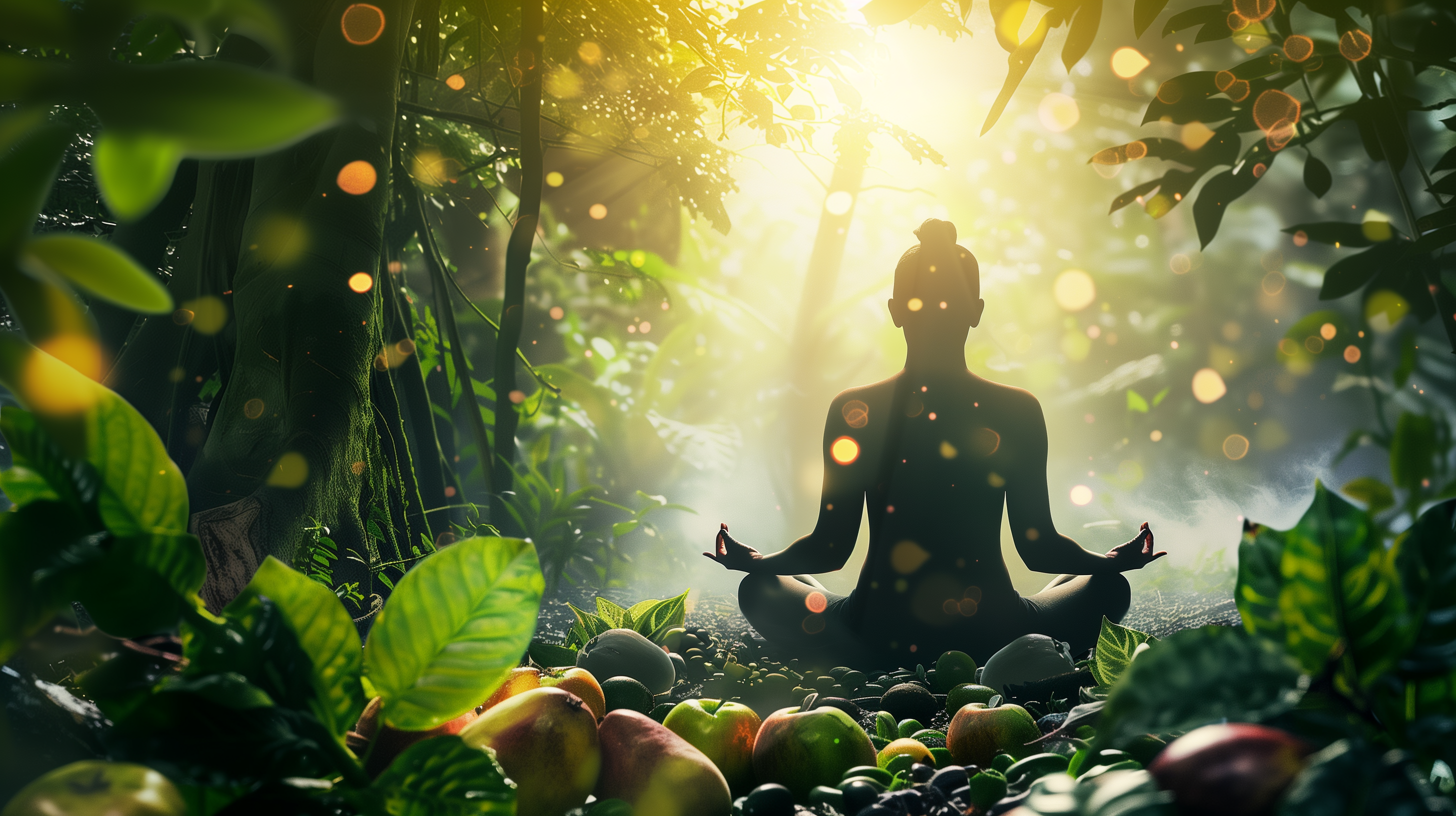 individual meditating in a lush, green forest, surrounded by vibrant fruits, herbs