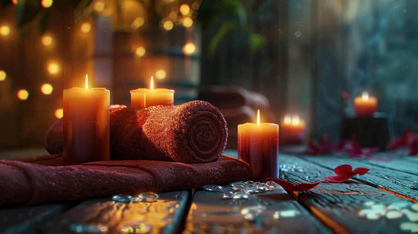 spa candles and towel