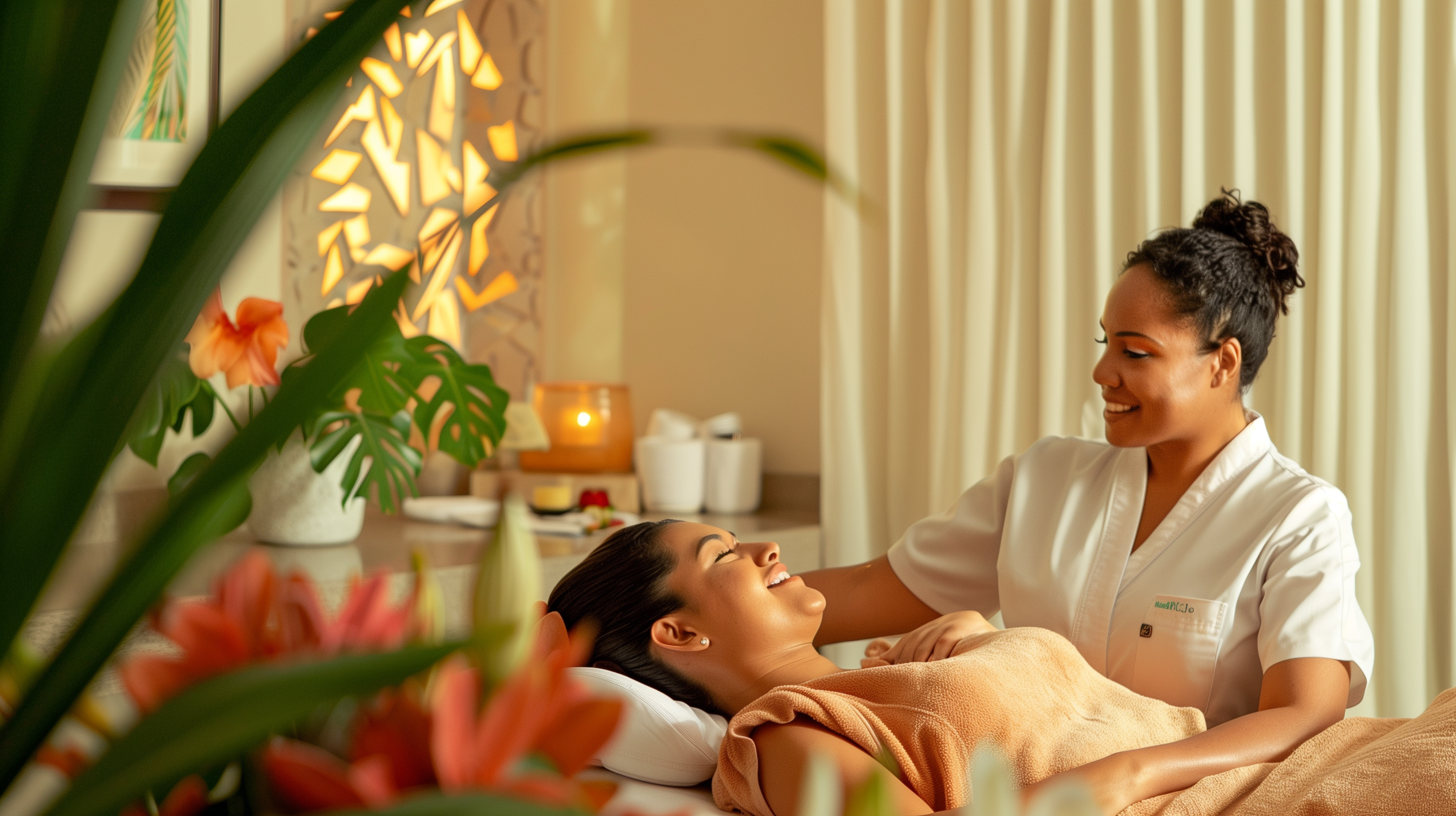 massage therapist and client talking in spa room