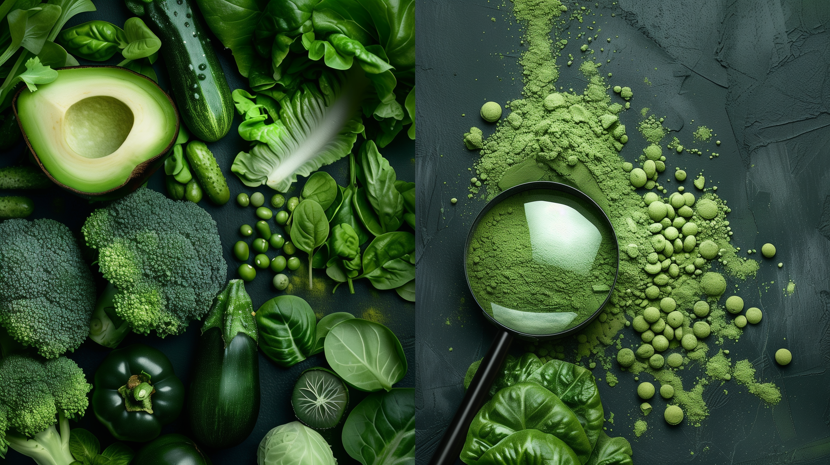 split-view: one side with vibrant, lush green vegetables and the other with a magnifying glass focusing on green powder