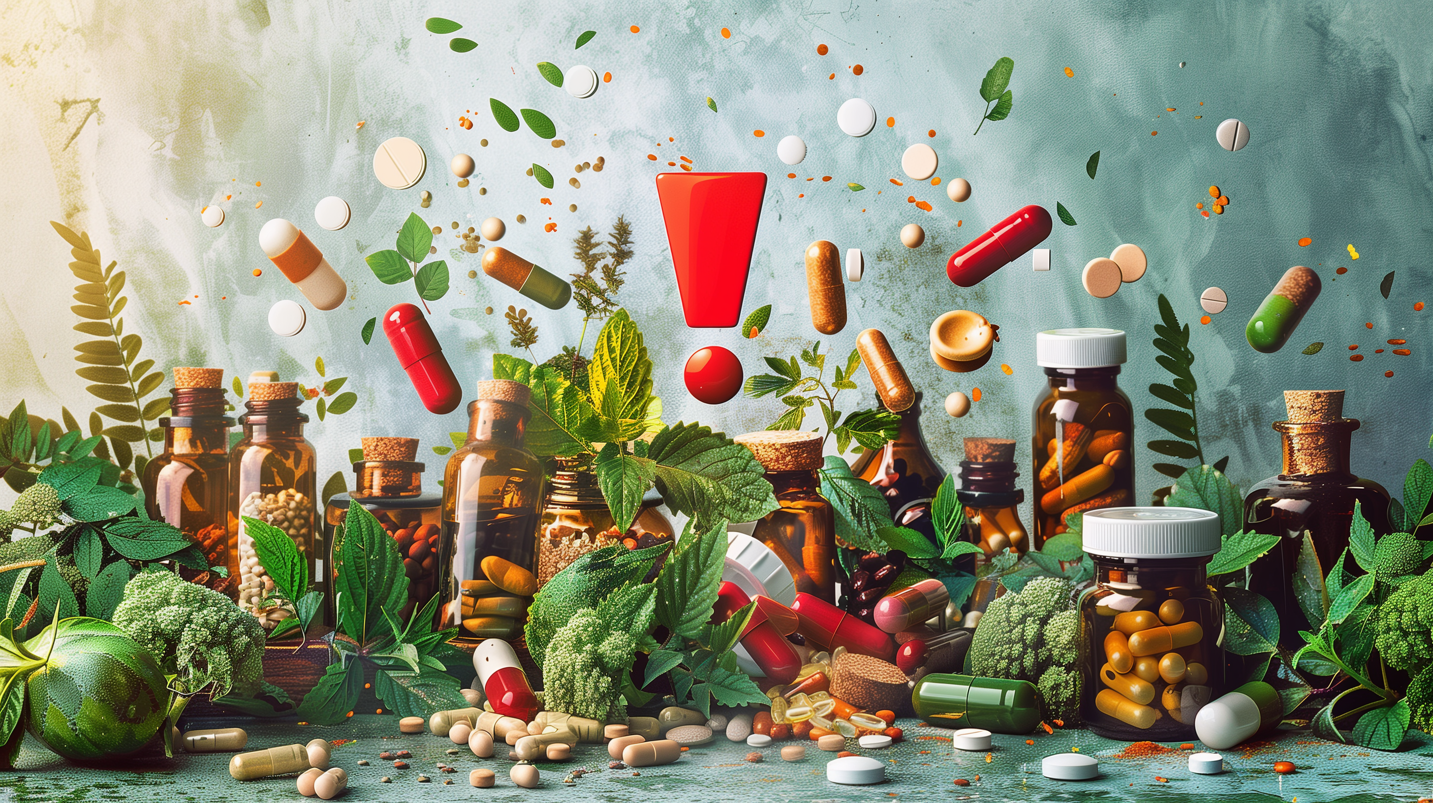 split canvas; on one side, natural herbs and plants, on the other, various prescription bottles and pills