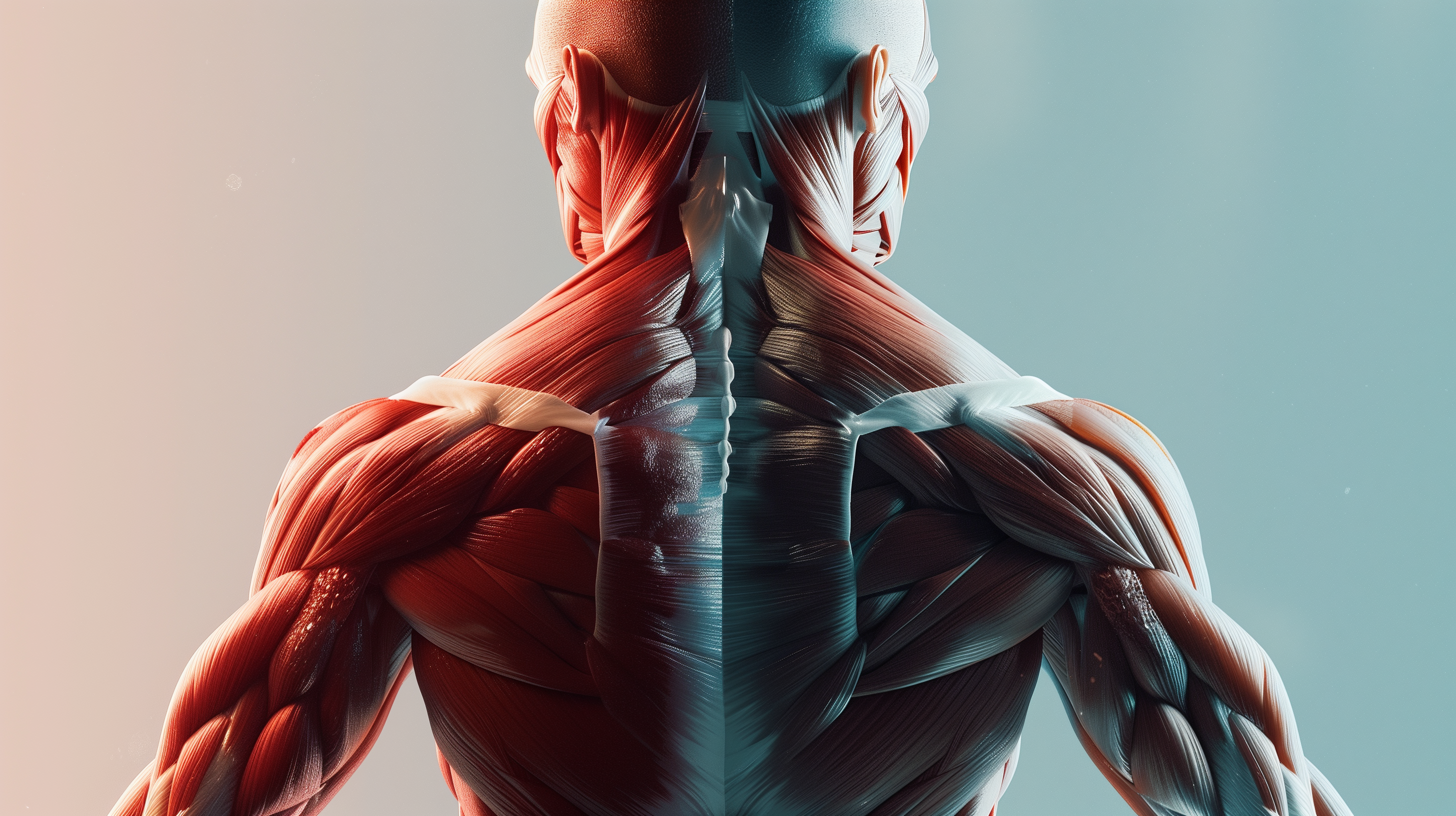 split image: on one side, a vibrant, healthy muscle fiber; on the other side, a slightly distressed muscle