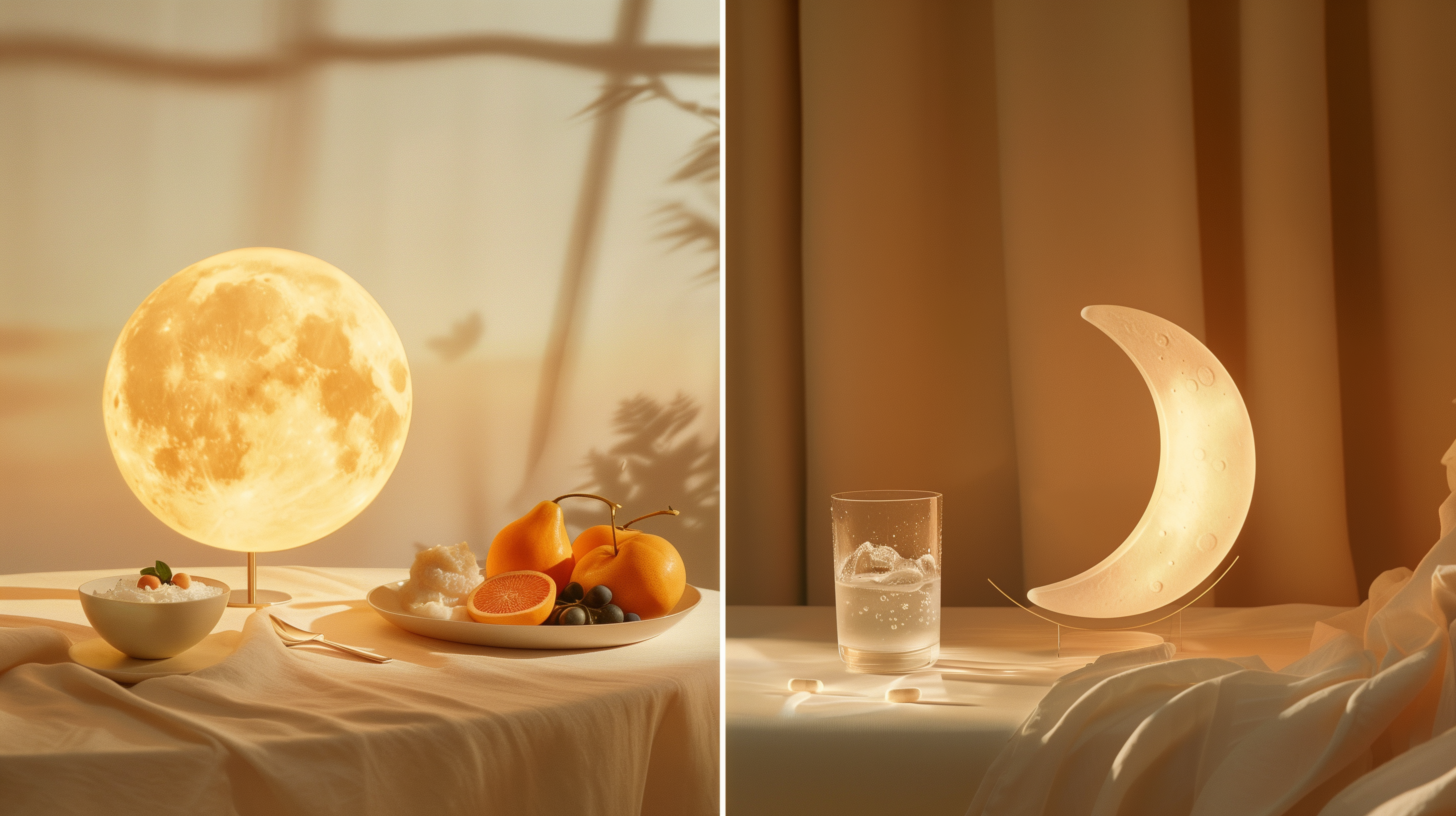 split image: one side showing a sun and a breakfast table with yogurt and fruits; the other side featuring a moon, nightstand with a glass of water and a probiotic