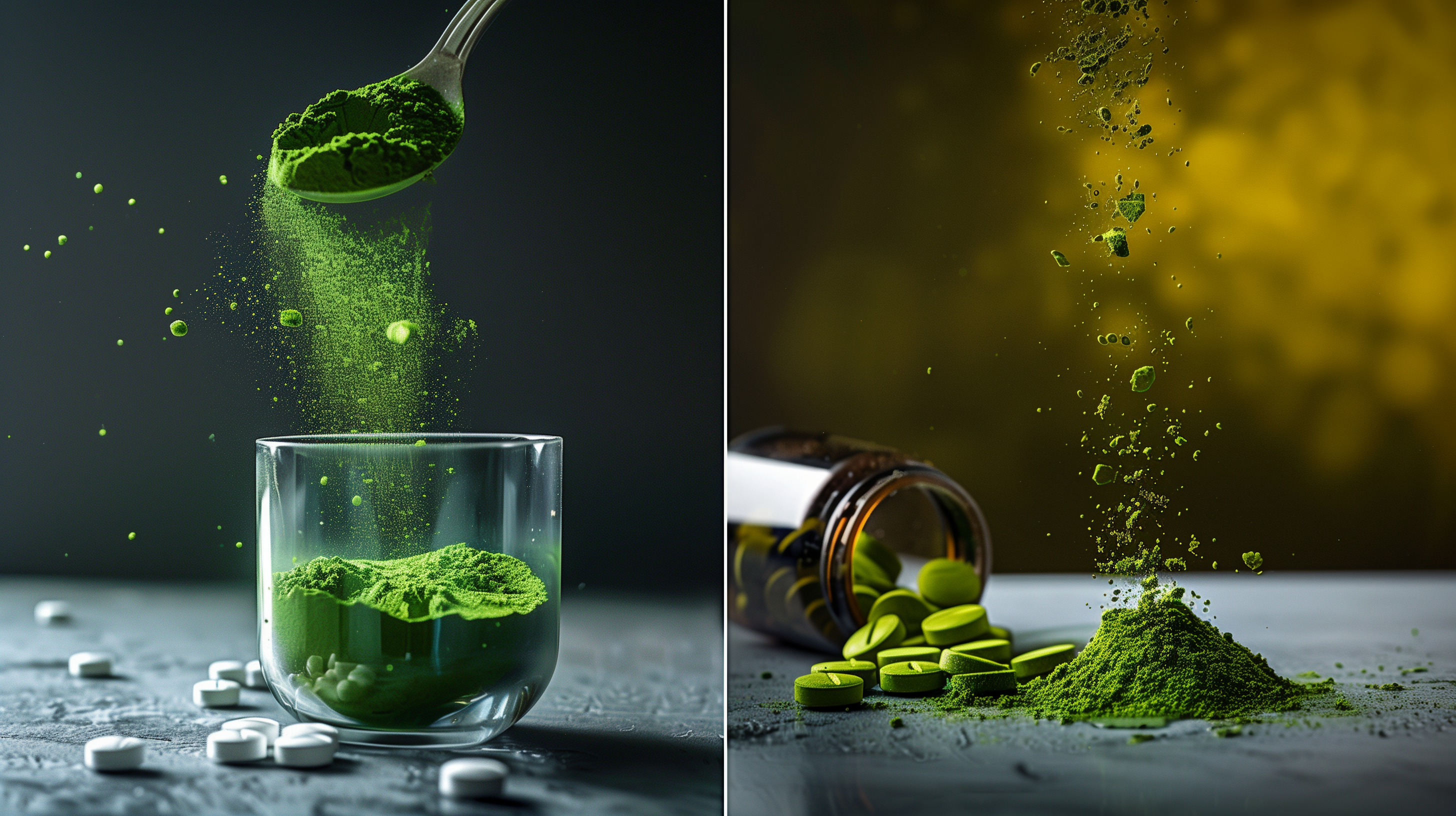 split scene: on one side, a vibrant green powder being spooned into a glass, and on the other, a pill bottle tipping over
