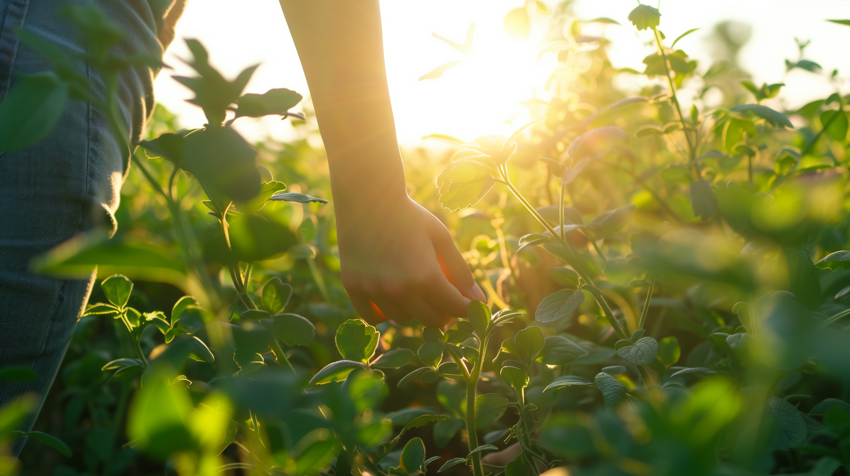 sunlit field of Ashwagandha plants, with a calm, clear sky above and a person walking