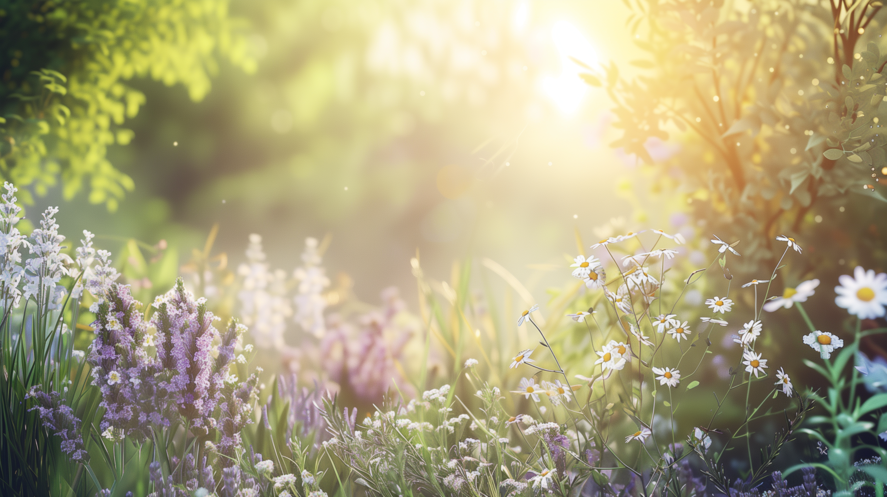 sunlit meadow with a variety of herbs like lavender, chamomile, and valerian root