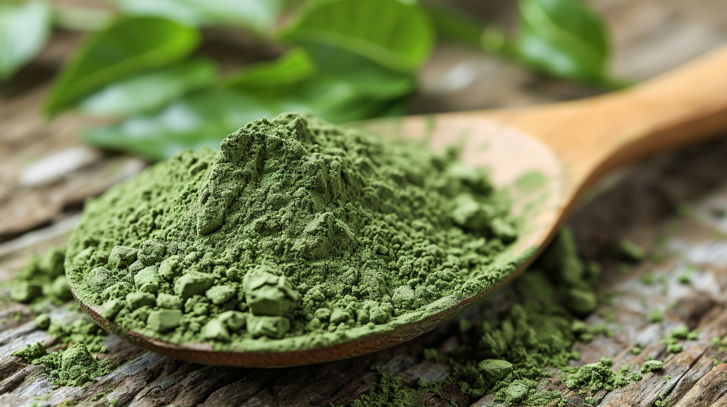 super greens powder in a wooden spoon