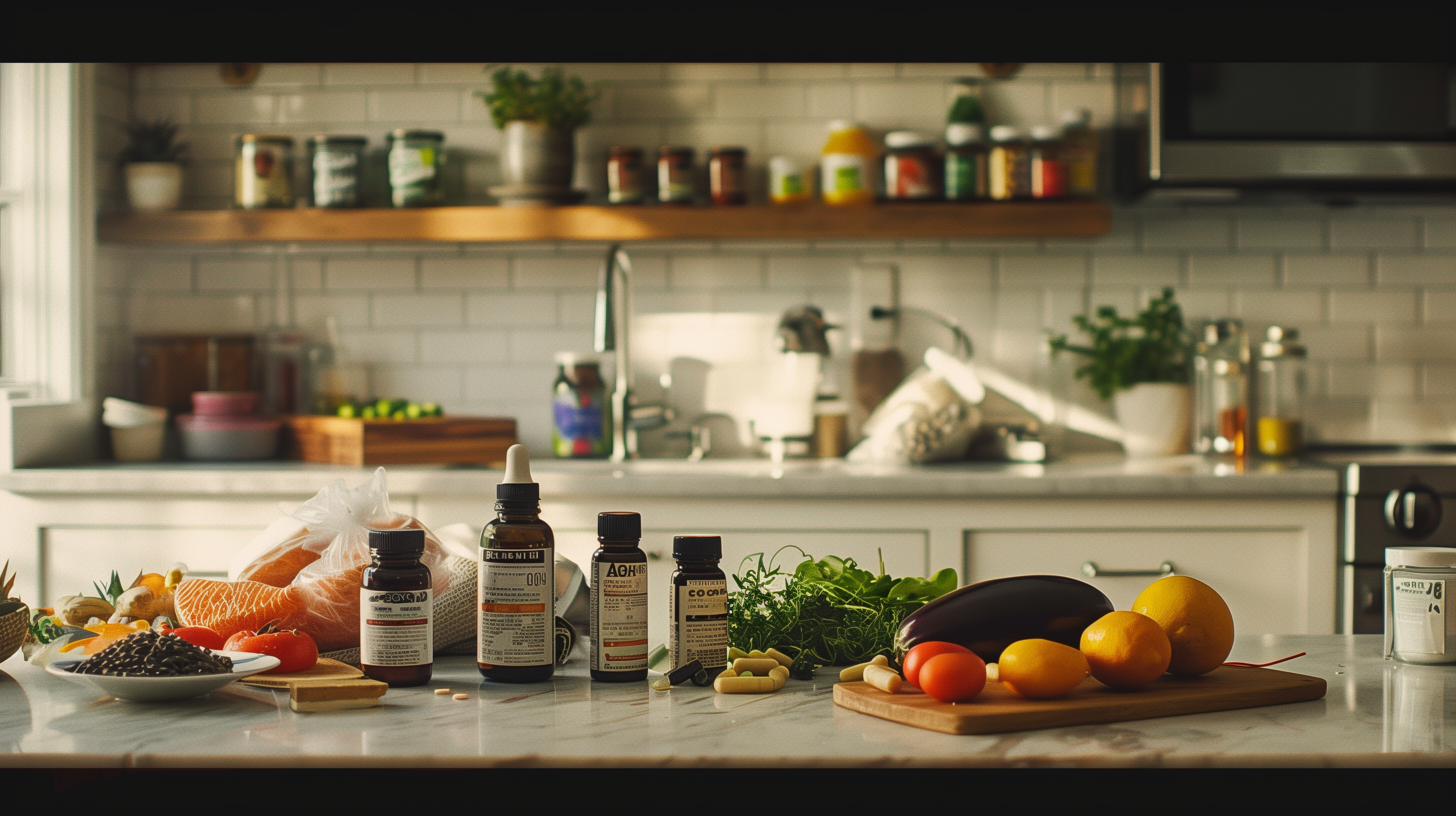 supplements, and keto food on a kitchen counter