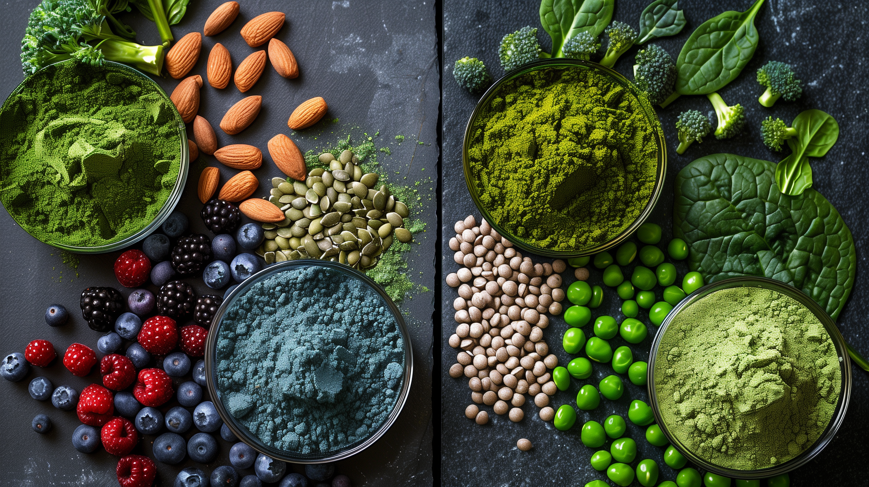 two halves: on the left, vibrant mixed superfood powders; on the right, lush greens powders