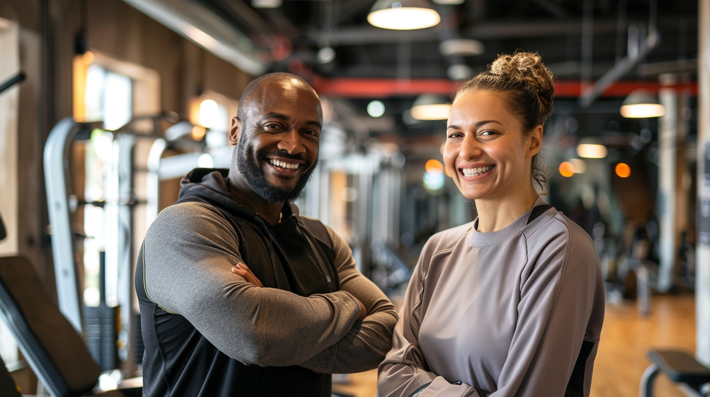 a physical trainer and a young lady at the gym about to work out, smiling