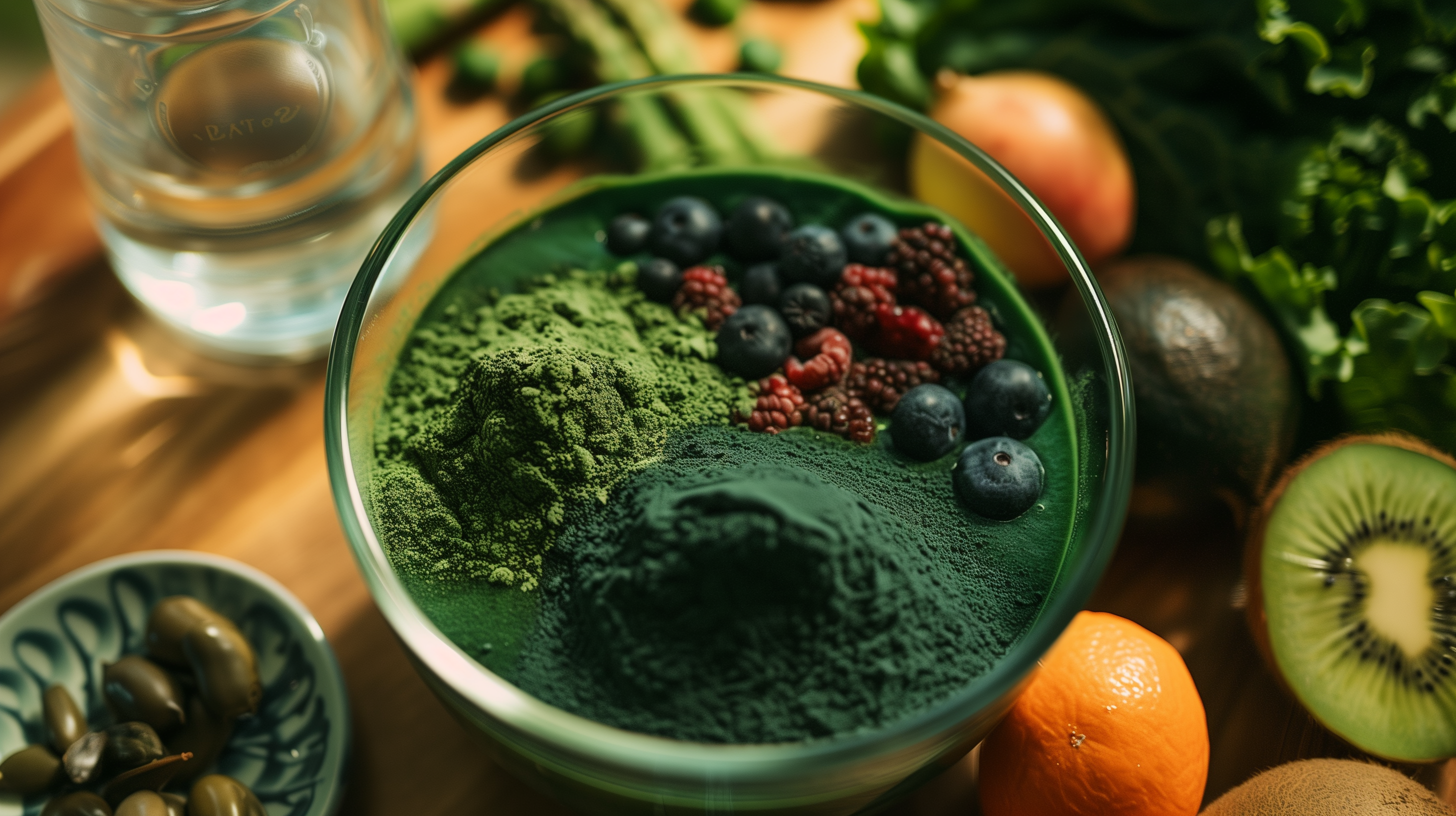 vibrant greens powder in a blending bowl filled with fruits and vegetables