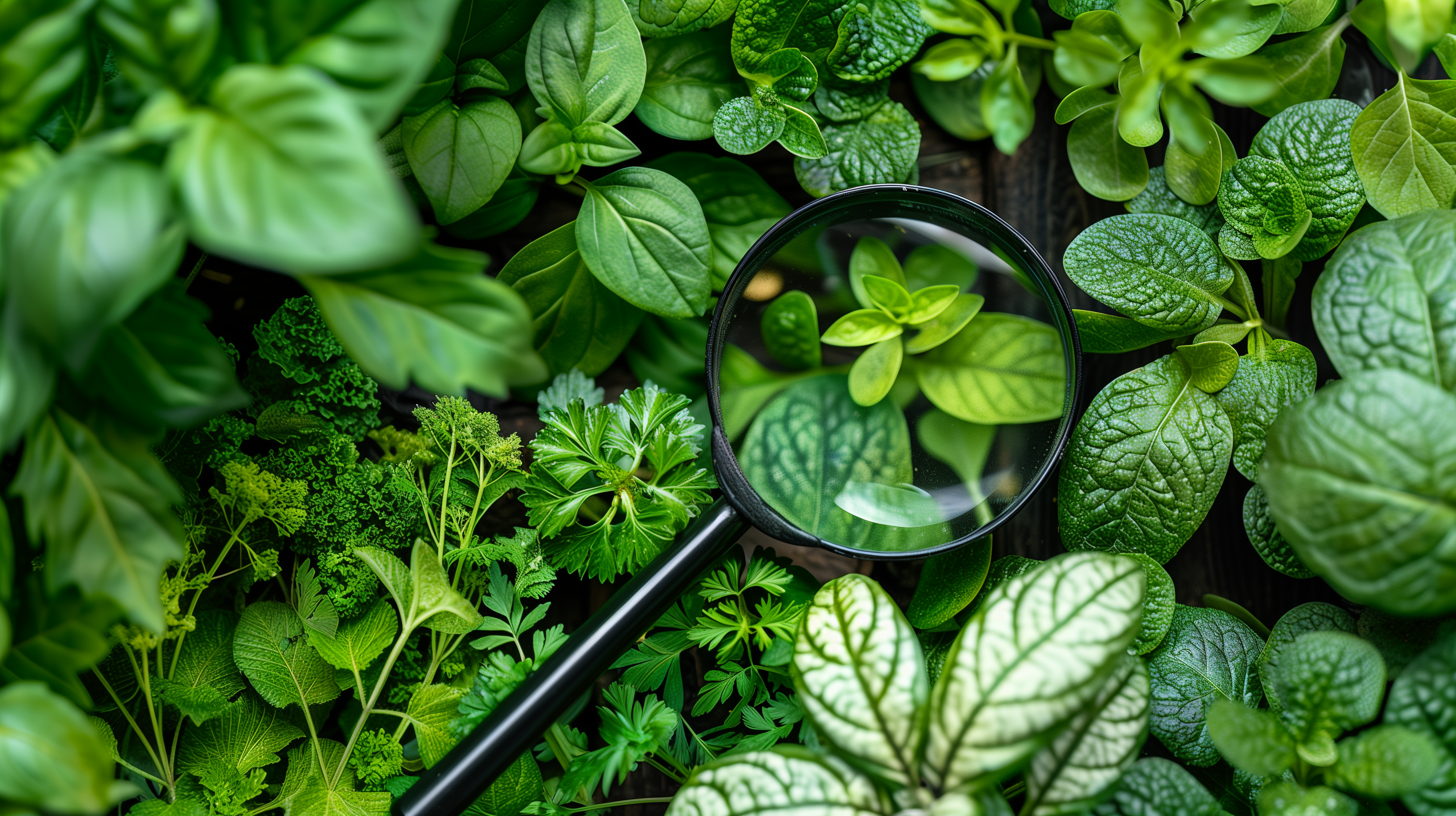 lush green plants versus dull, wilted ones, with a magnifying glass focusing on the unhealthy plants