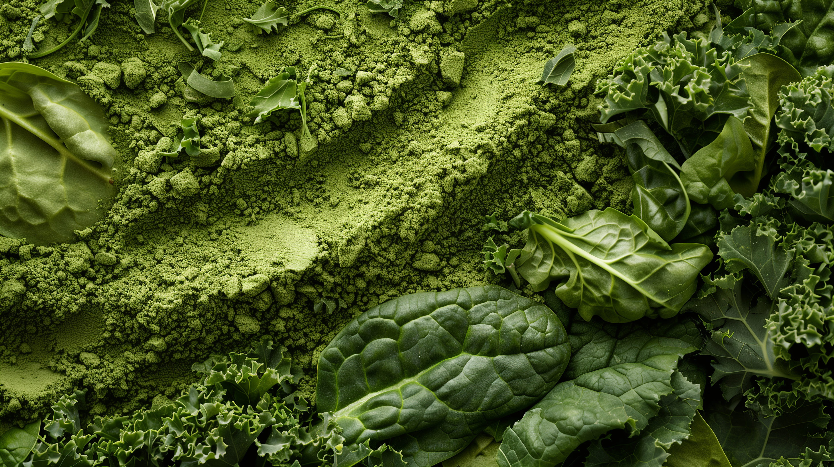 mix of green vegetables like spinach and kale, blending into a fine powder