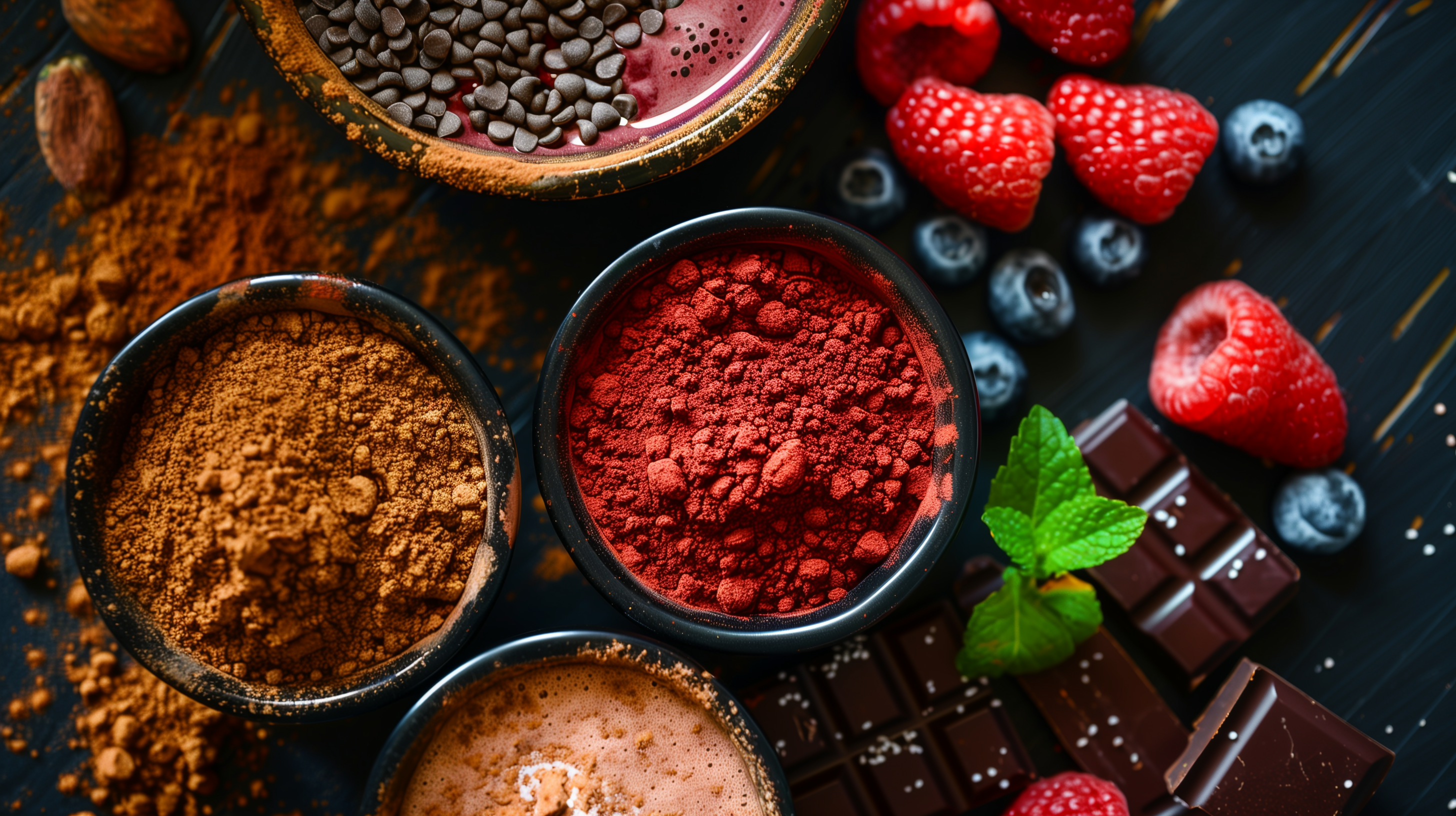 vibrant red powder, cacao powder and a red smoothie on a counter