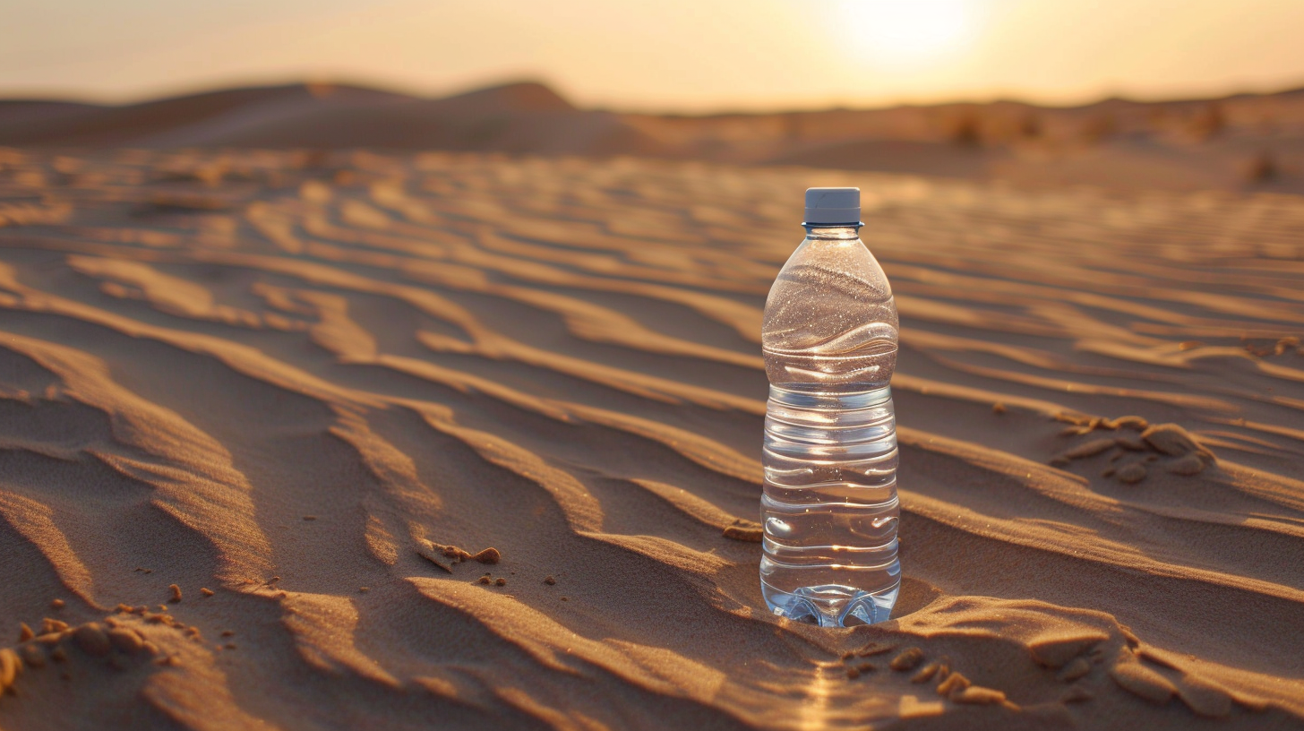 a water bottle in the middle of desert sands