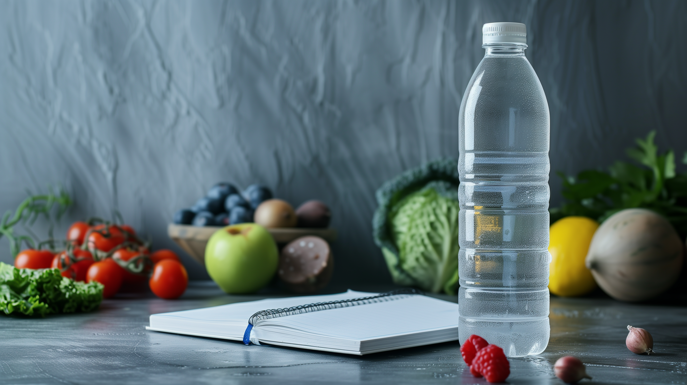 a plastic water bottle on a counter next to a notebook. fruits and veggies are also scatted on the counter to take fi