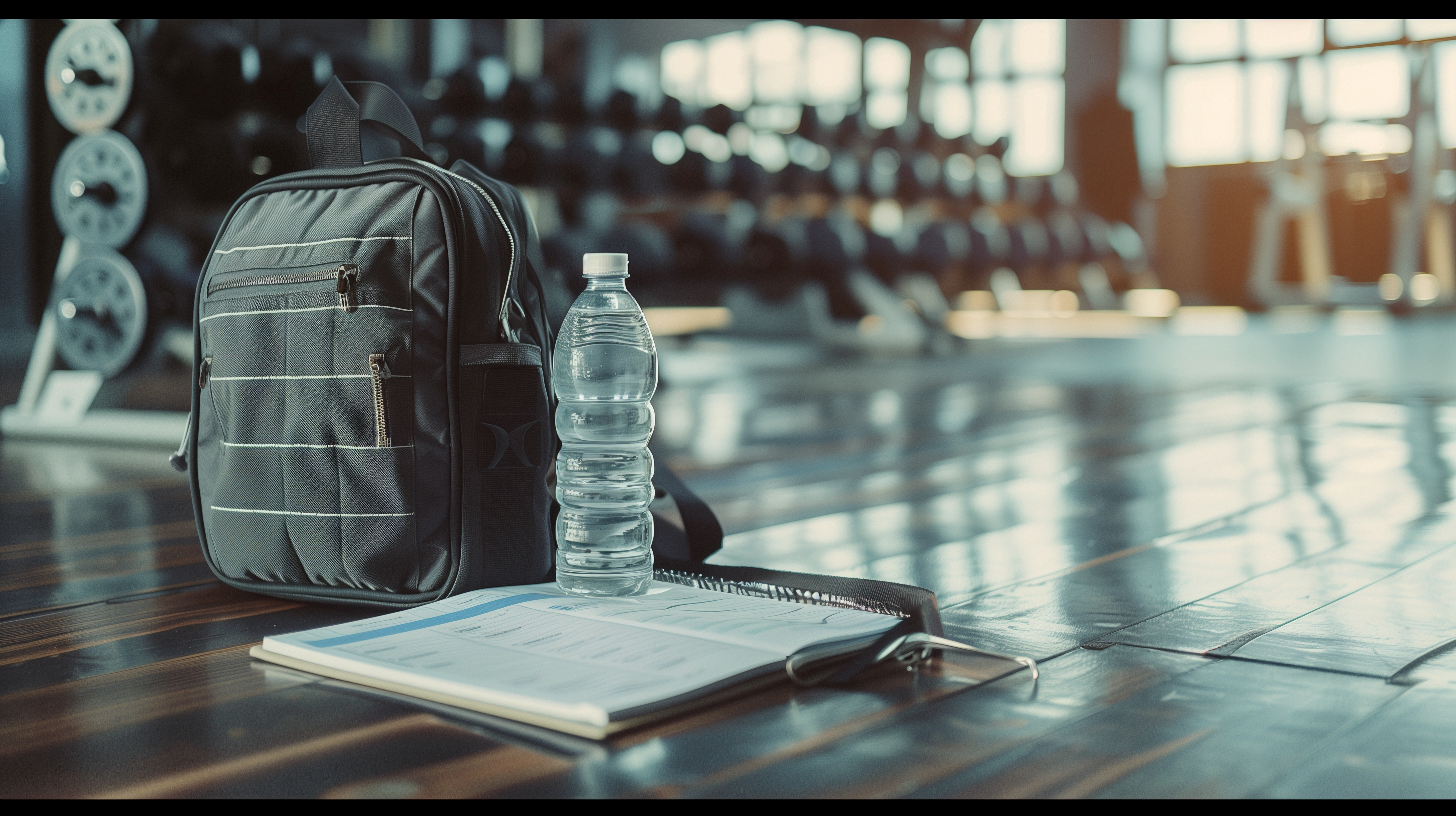 a notebook, lunchbox, and water bottle in a gym setting