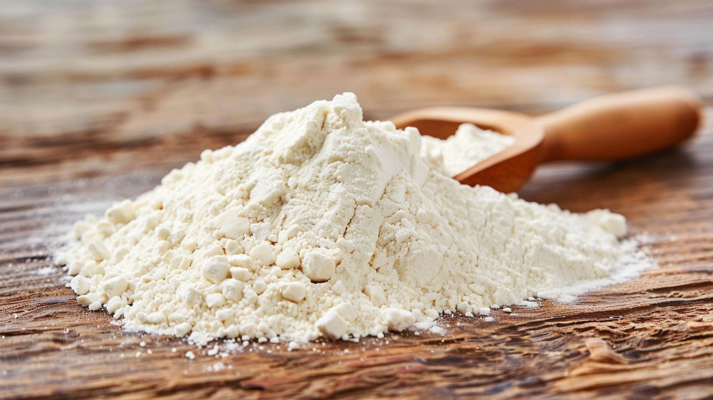 white supplement powder on a wooden spoon scooper