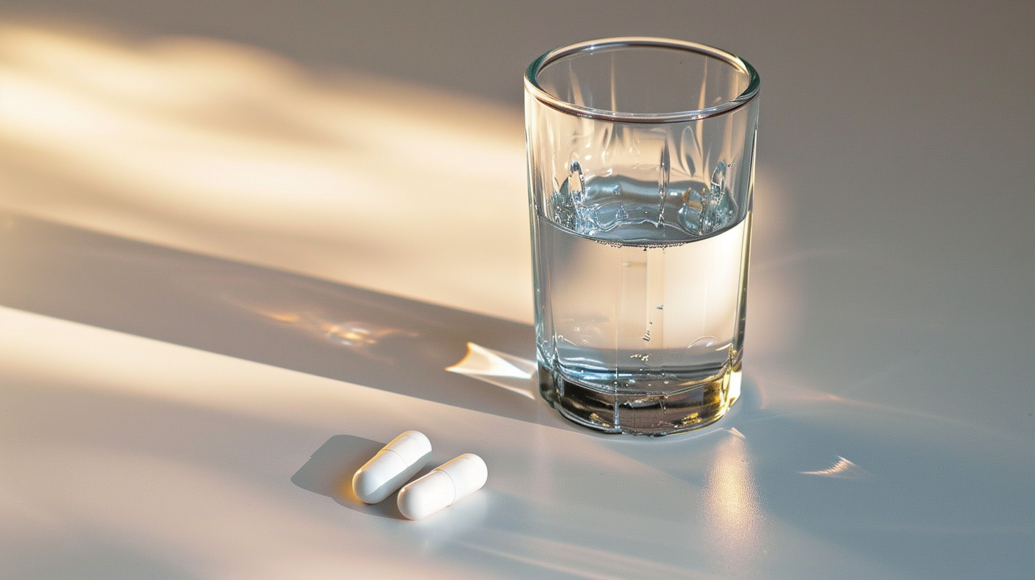 a glass of water with pills next to it