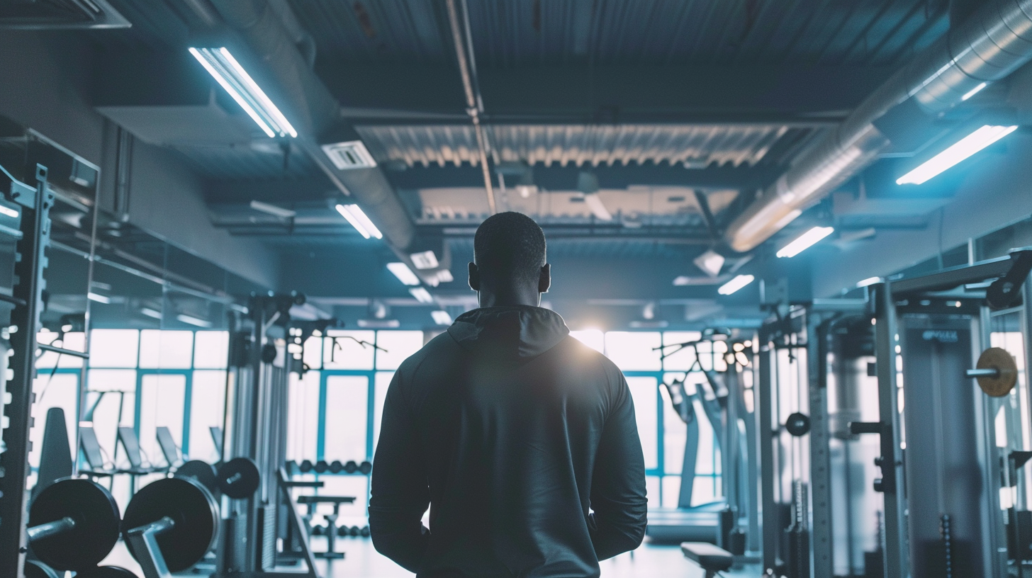 a man walking into a gym, back to camera