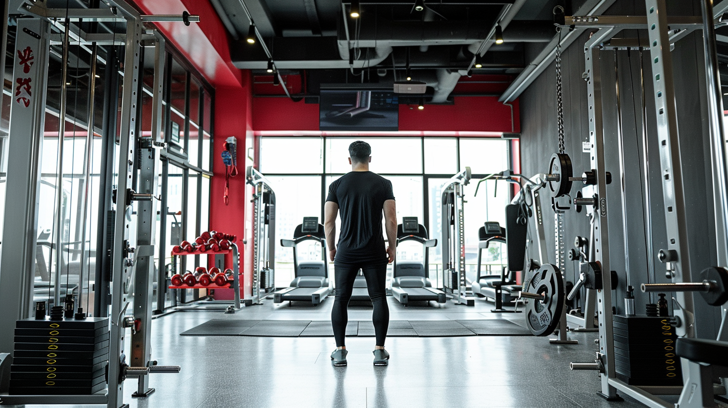 a man standing in the gym looking towards the gym, back to camera