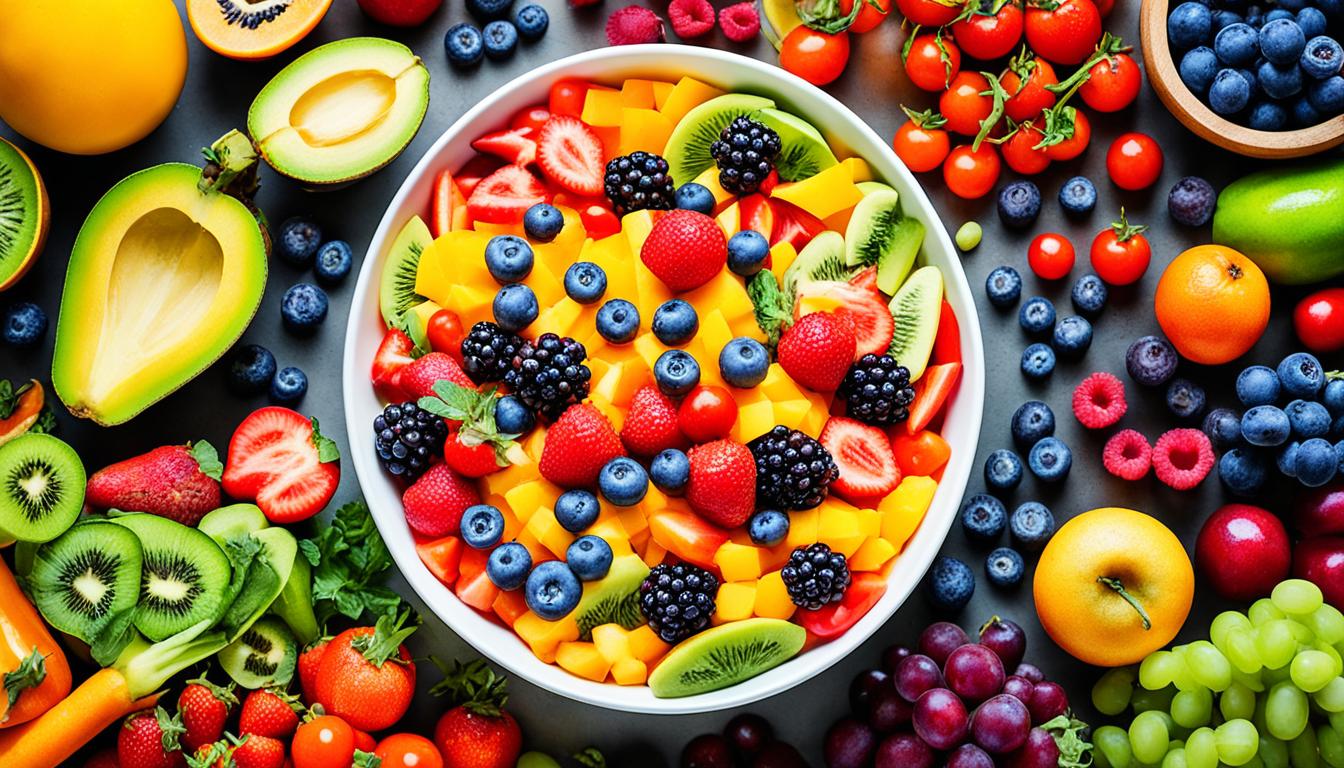 fruit bowl surrounded by more fruits