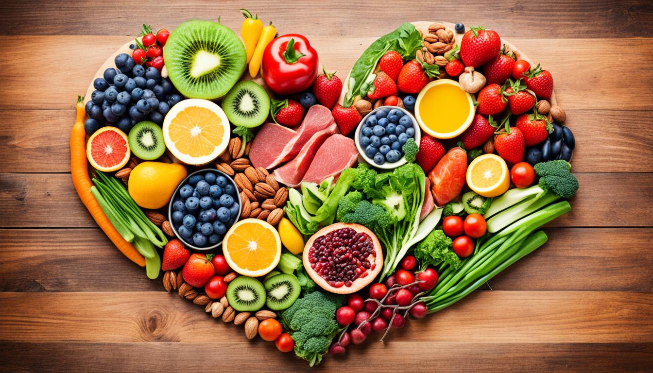 fruits, nuts, and veggies in the shape of a heart