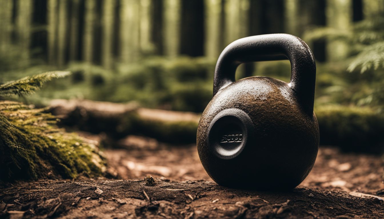 a kettlebell sitting on a wooded path