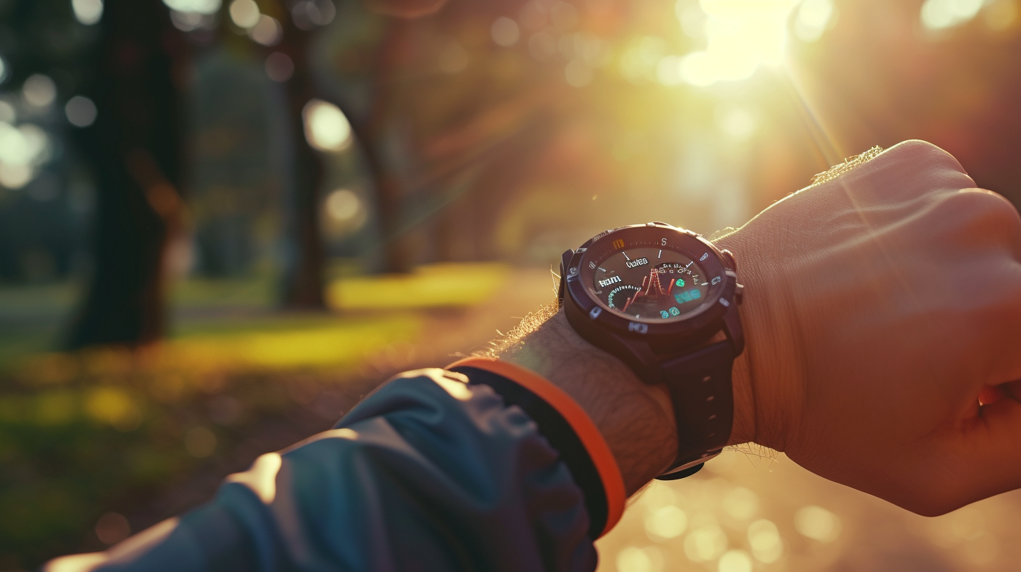 a man's hand looking at his watch while he's biking