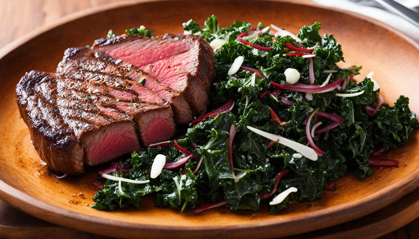a dinner plate with medium-rare steak and kale salad