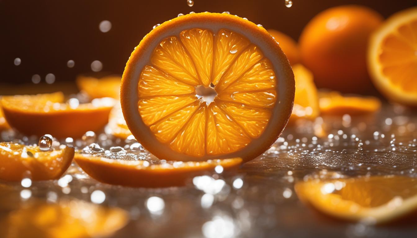 Vitamin C - orange slices in splashing water