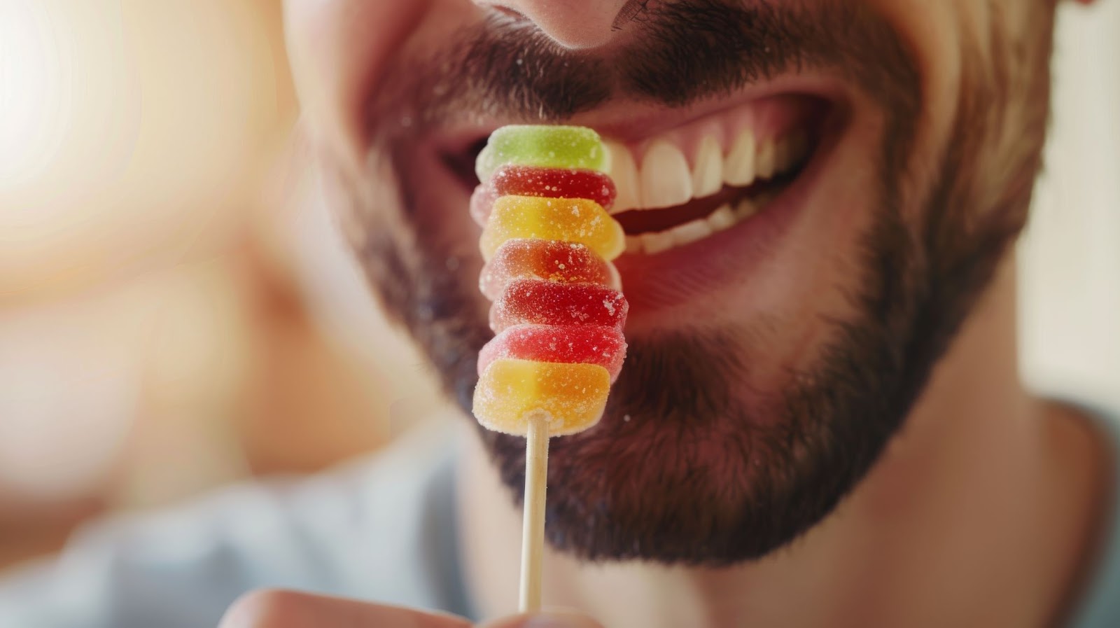 A man joyfully holds a lollipop adorned with colorful gummy bears, surrounded by a festive candy party atmosphere.