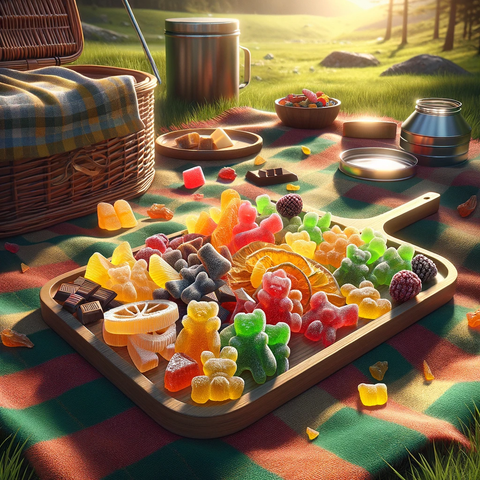 A picnic table with assorted gummy bears and colorful candies spread out for a festive outdoor gathering