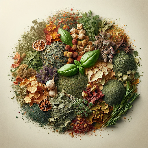 A variety of freeze-dried spices and herbs in a circular arrangement. Perfect for making freeze-dried meals and jerky