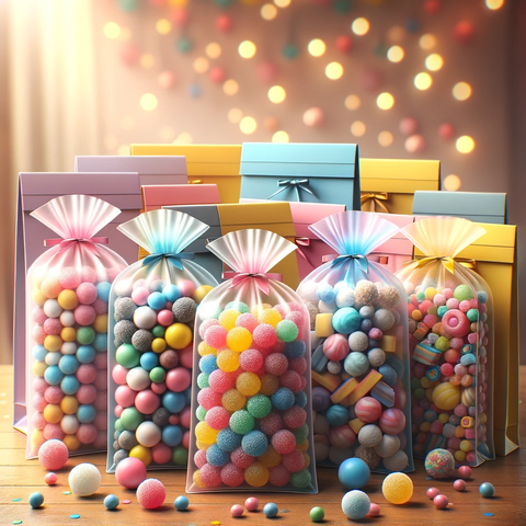 Colorful candy balls in gift bags on a wooden table