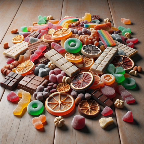 Colorful freeze dried candies in different shapes