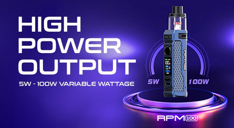 The Smok RPM 100 vape kit boasts a high power output and a variable wattage between 5 - 100W.