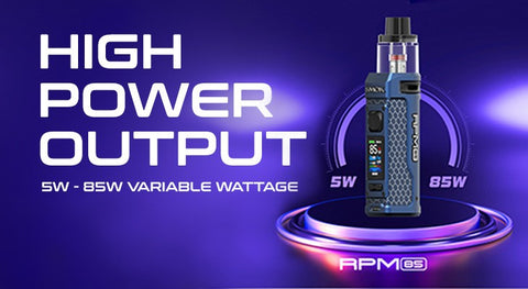 The Smok RPM 85 vape kit has an output range of 5 - 85W, meaning it's ideal for DTL (Direct To Lung) vaping.